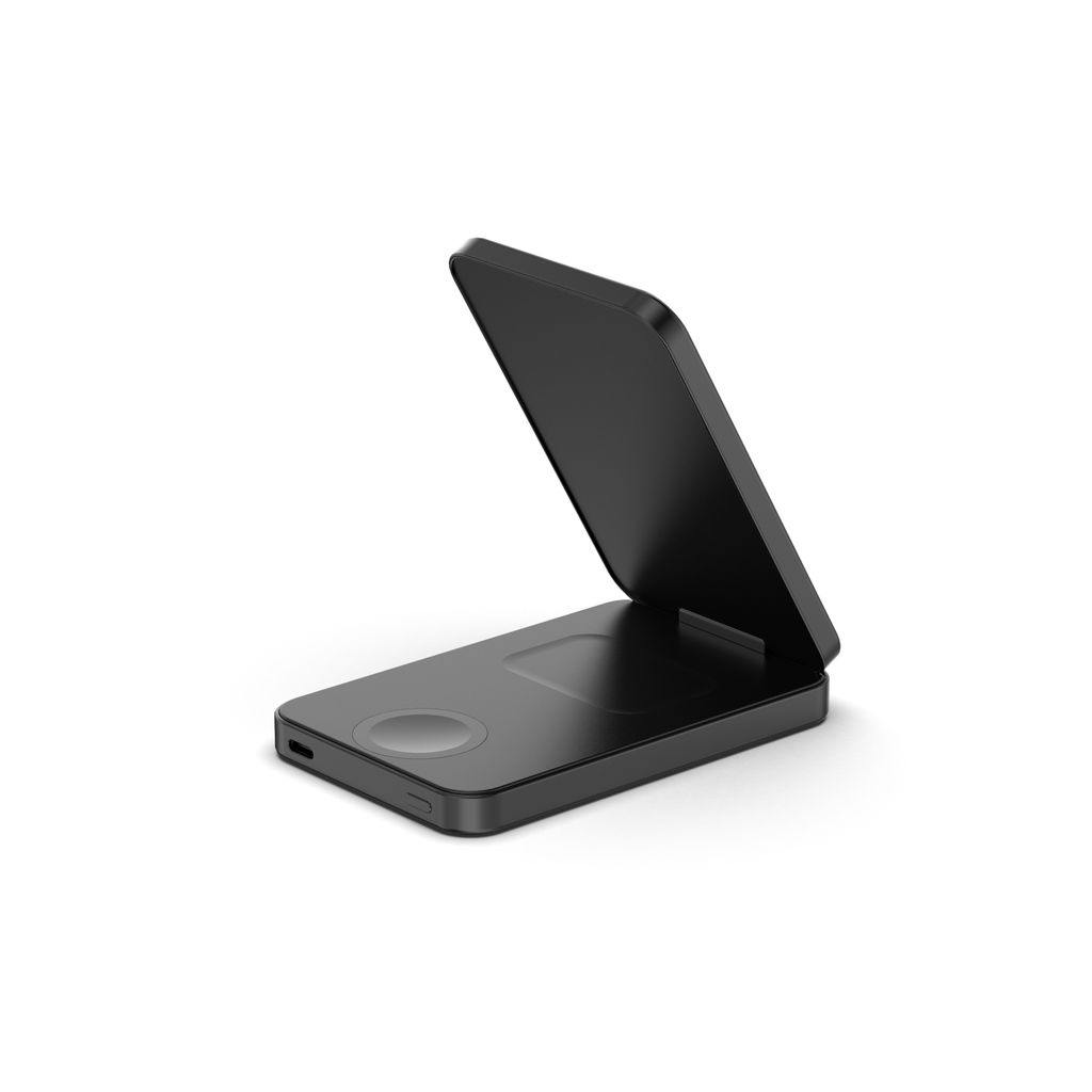 Un chargeur pliable noir avec deux stations de charge sur fond blanc.