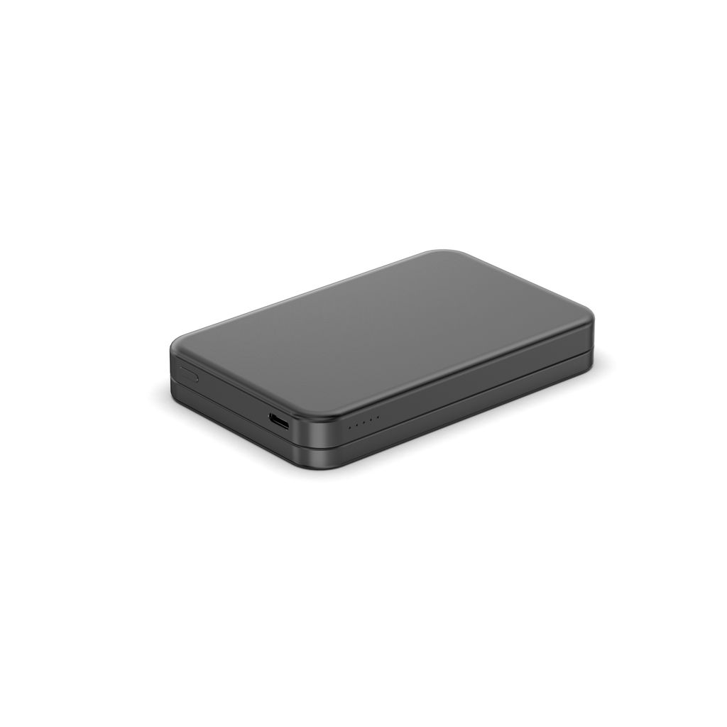 Une batterie externe rectangulaire sombre avec quatre indicateurs lumineux sur fond blanc.