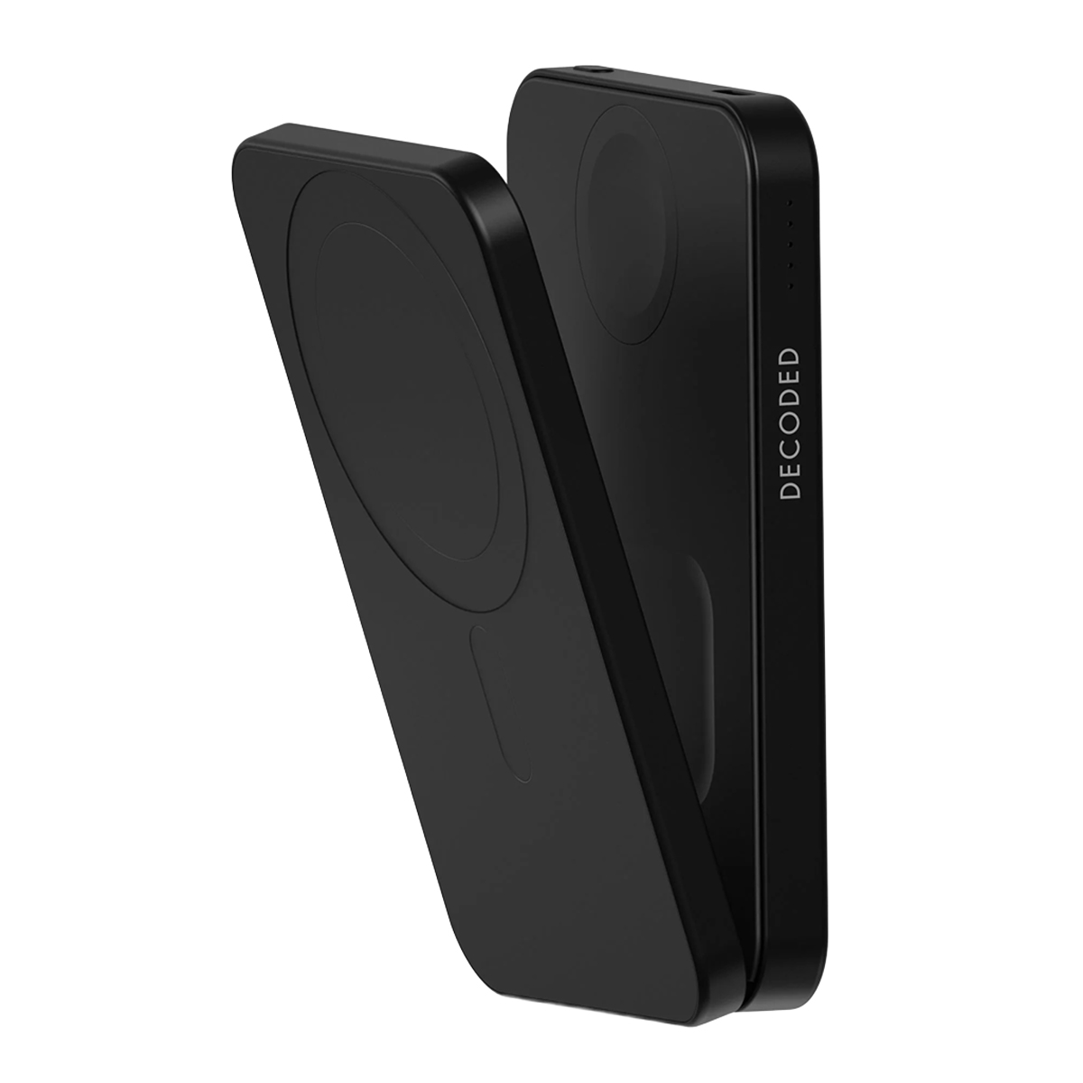 Deux appareils électroniques rectangulaires noirs côte à côte, l'un étiqueté « DECODED ».
