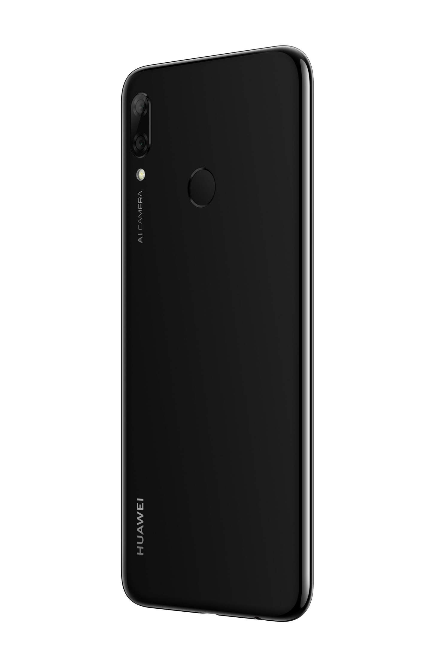 Czarny smartfon z pionowym modułem kamery i logo Huawei.