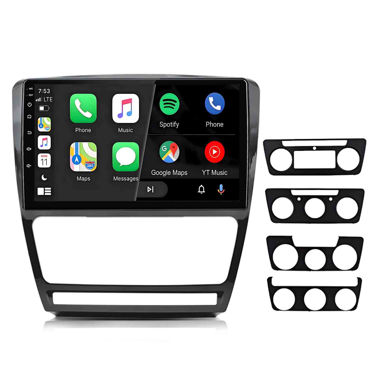 Infotainment-Bildschirm im Auto mit Symbolen für Telefon, Musik, Spotify, Karten, Google Maps, Nachrichten.