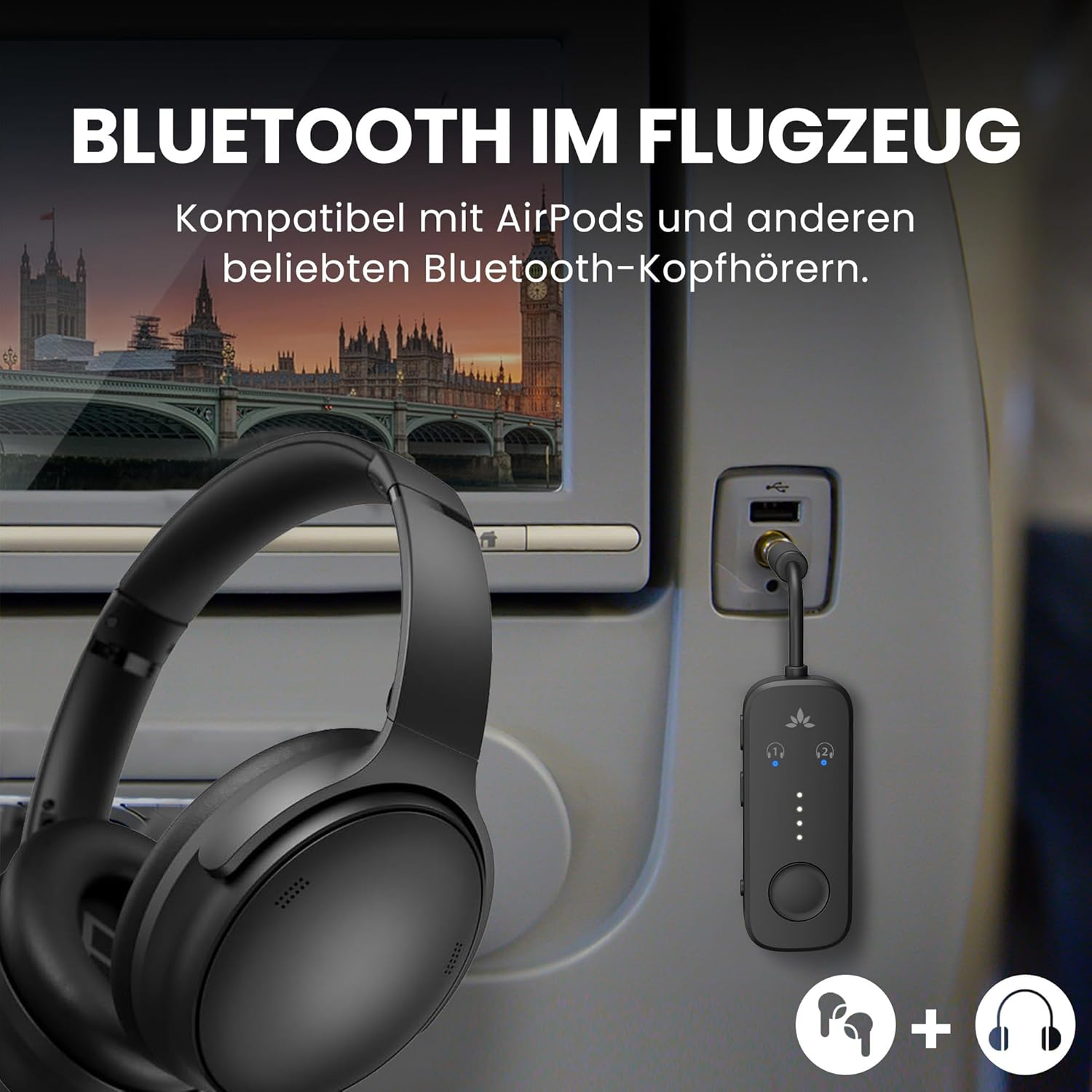 Słuchawki i adapter Bluetooth podłączone do portu USB w siedzeniu samolotu.