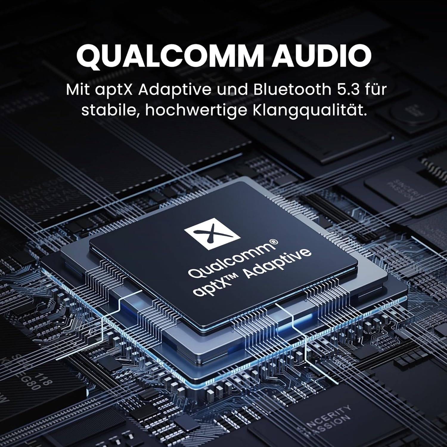 Chip audio Qualcomm z aptX Adaptive i Bluetooth 5.3 na płytce drukowanej.