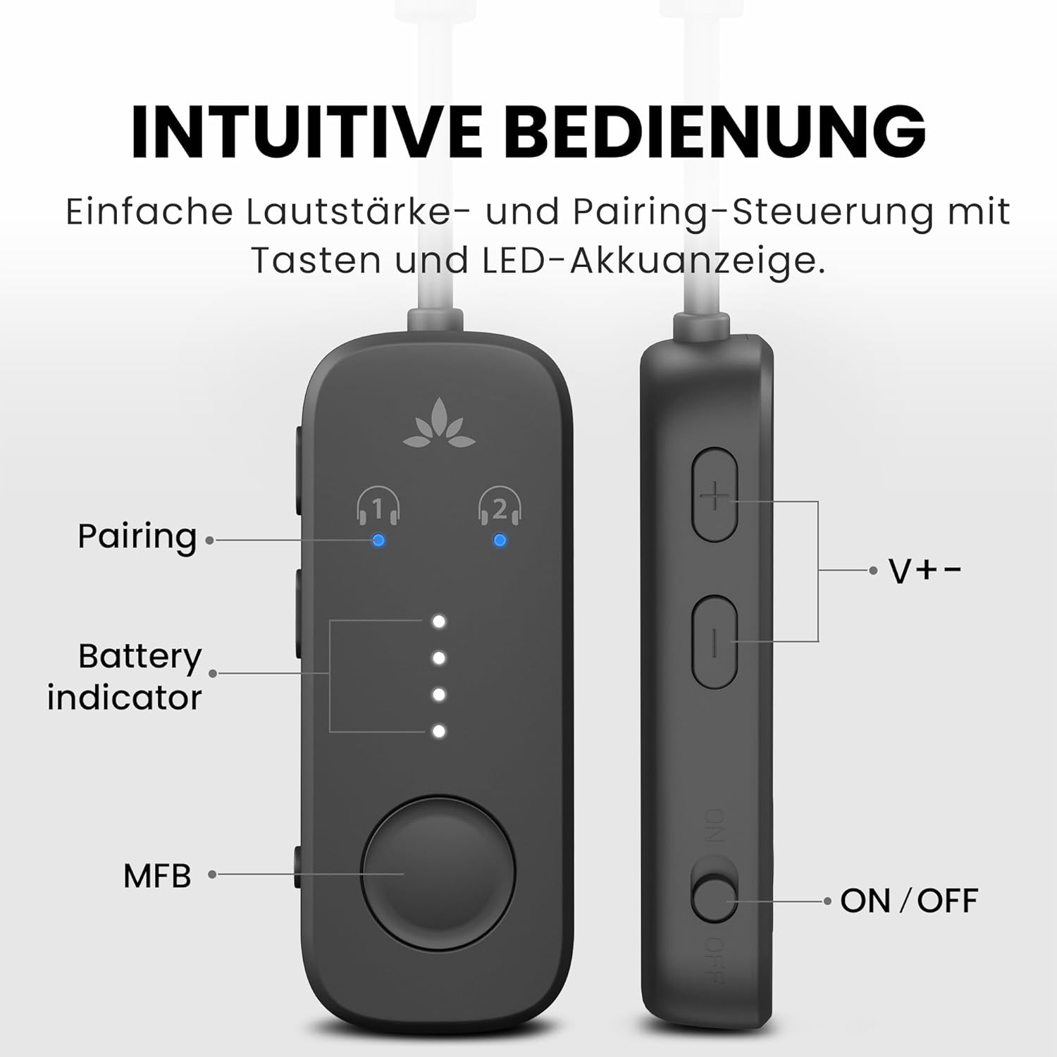Czarny adapter Bluetooth z przyciskami głośności, parowania i wskaźnika baterii.