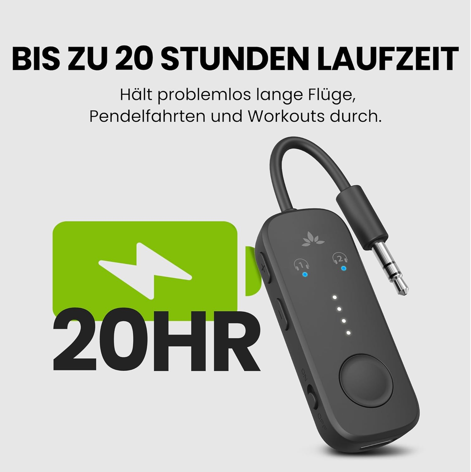 Pokazano czarny adapter audio z 20-godzinnym czasem pracy baterii.