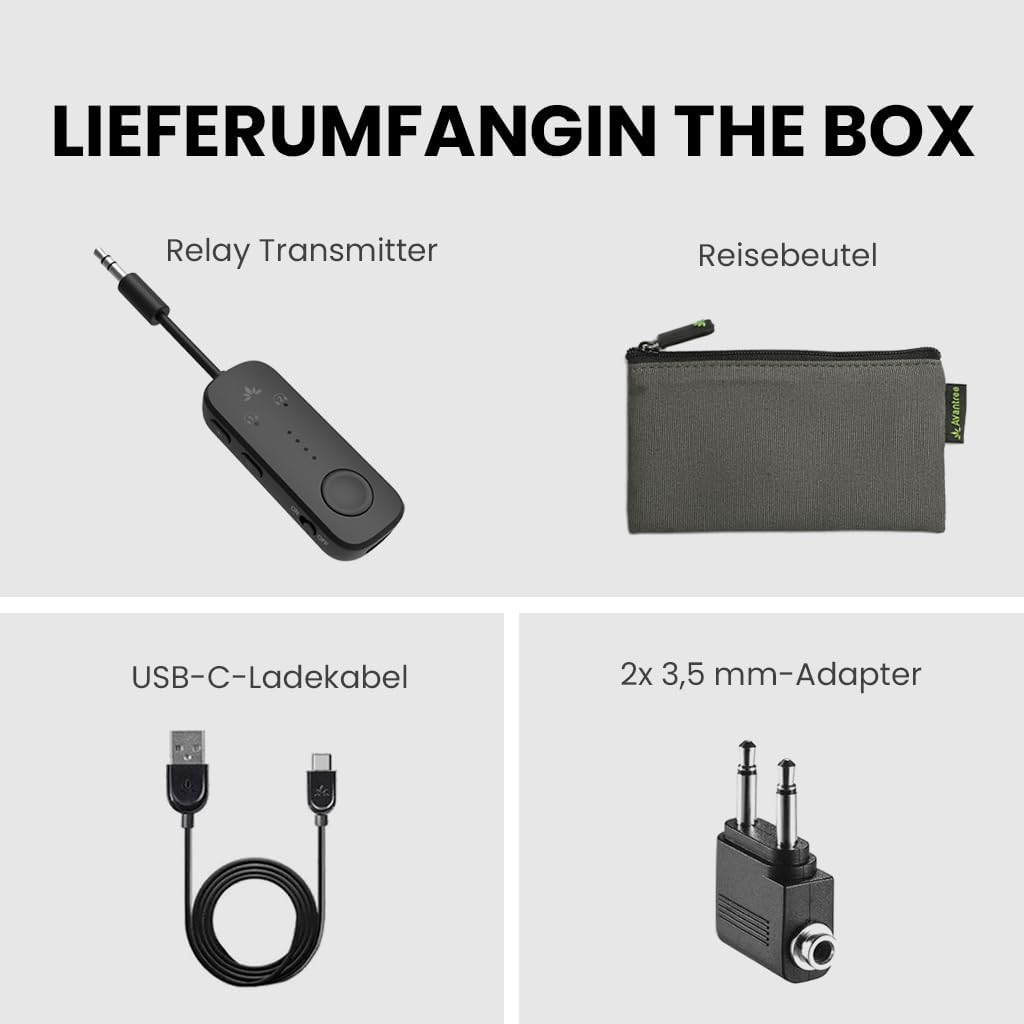 Zawartość pudełka: Nadajnik, etui, kabel USB-C, 2 adaptery 3,5 mm.