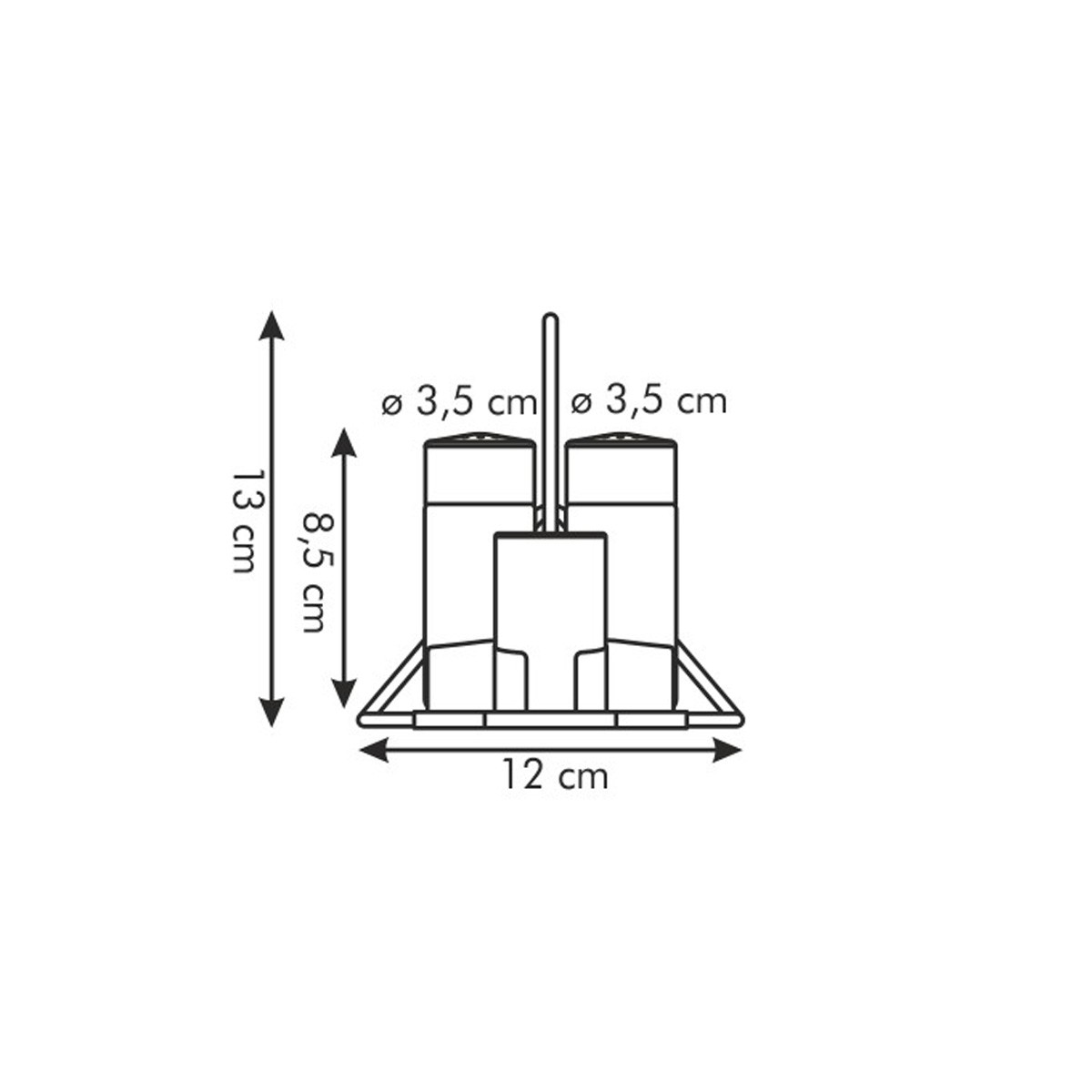 Technische Zeichnung eines Halters mit Maßen: 13cm Höhe, 8,5cm Breite, 12cm Länge.