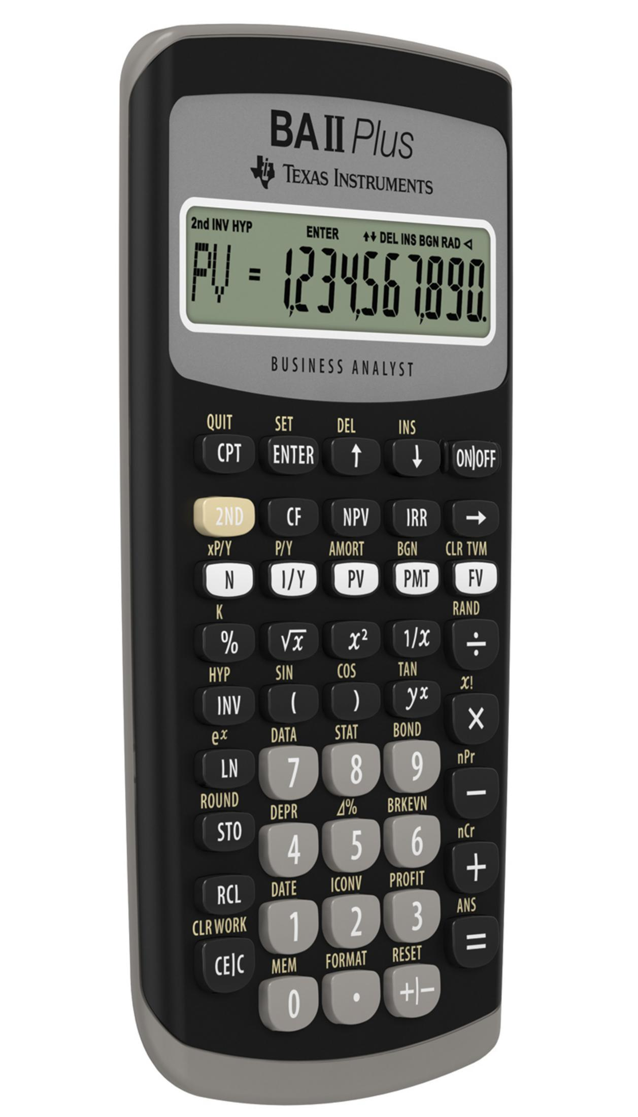 Texas Instruments BA II Plus Rechner zeigt PV = 1234567890.