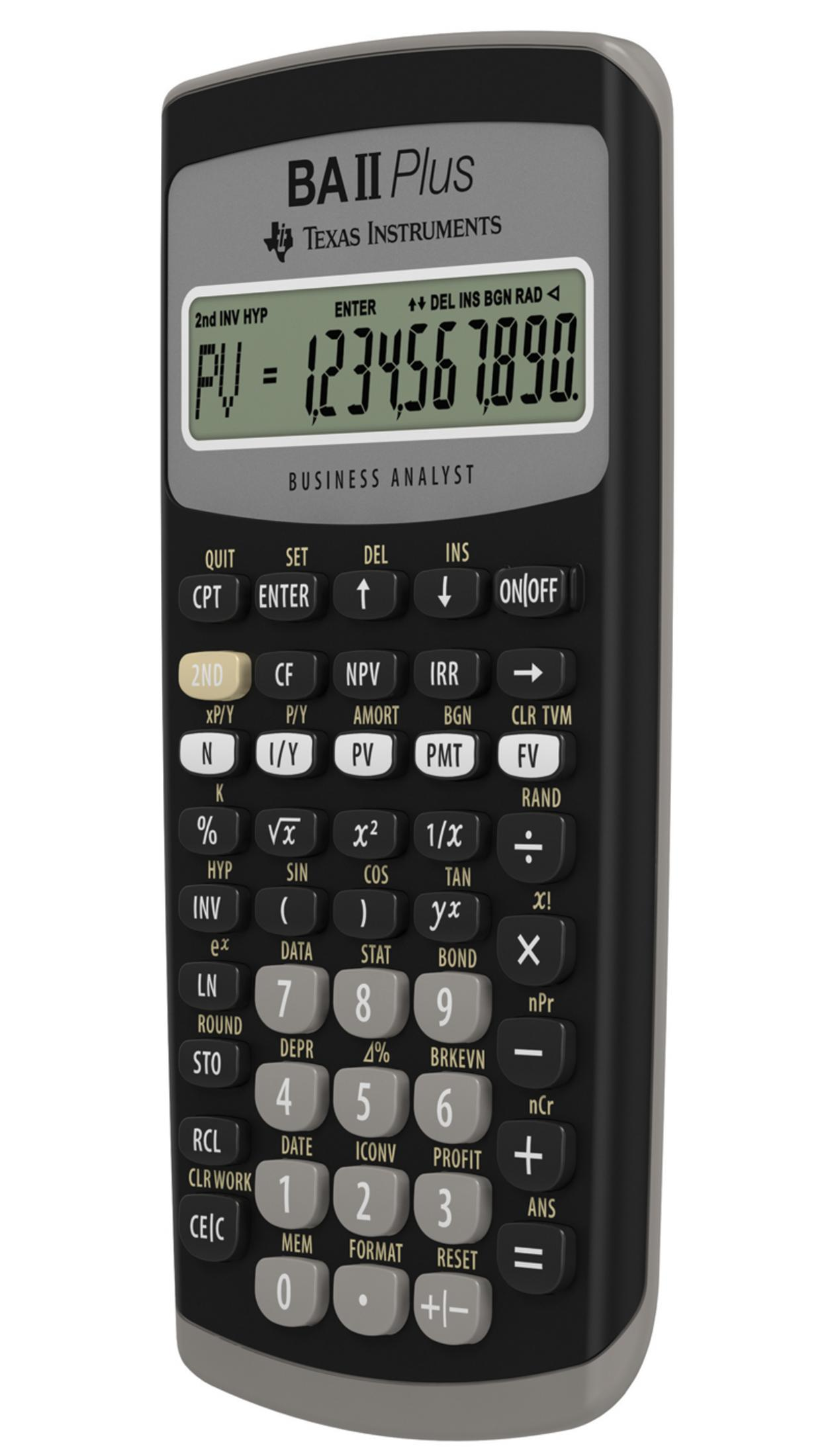 Ein Texas Instruments BA II Plus Taschenrechner mit Zahlen auf dem Display.