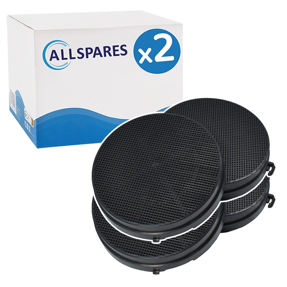 Due filtri neri rotondi a rete accanto a una scatola bianca con motivo blu e logo "ALLSPARES x2".