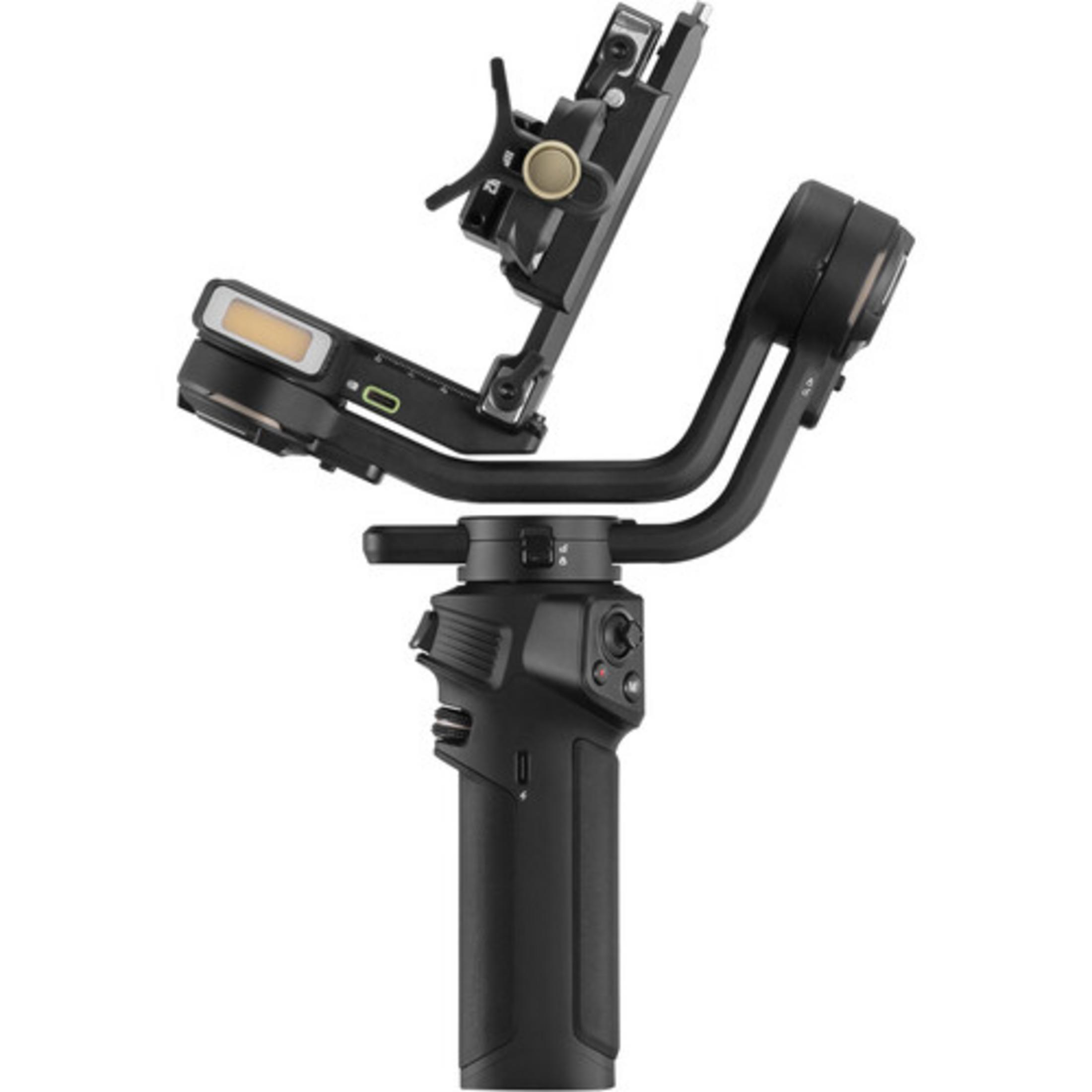 Schwarzer Gimbal mit Griff, Gelenkarm und Lichteinheit.