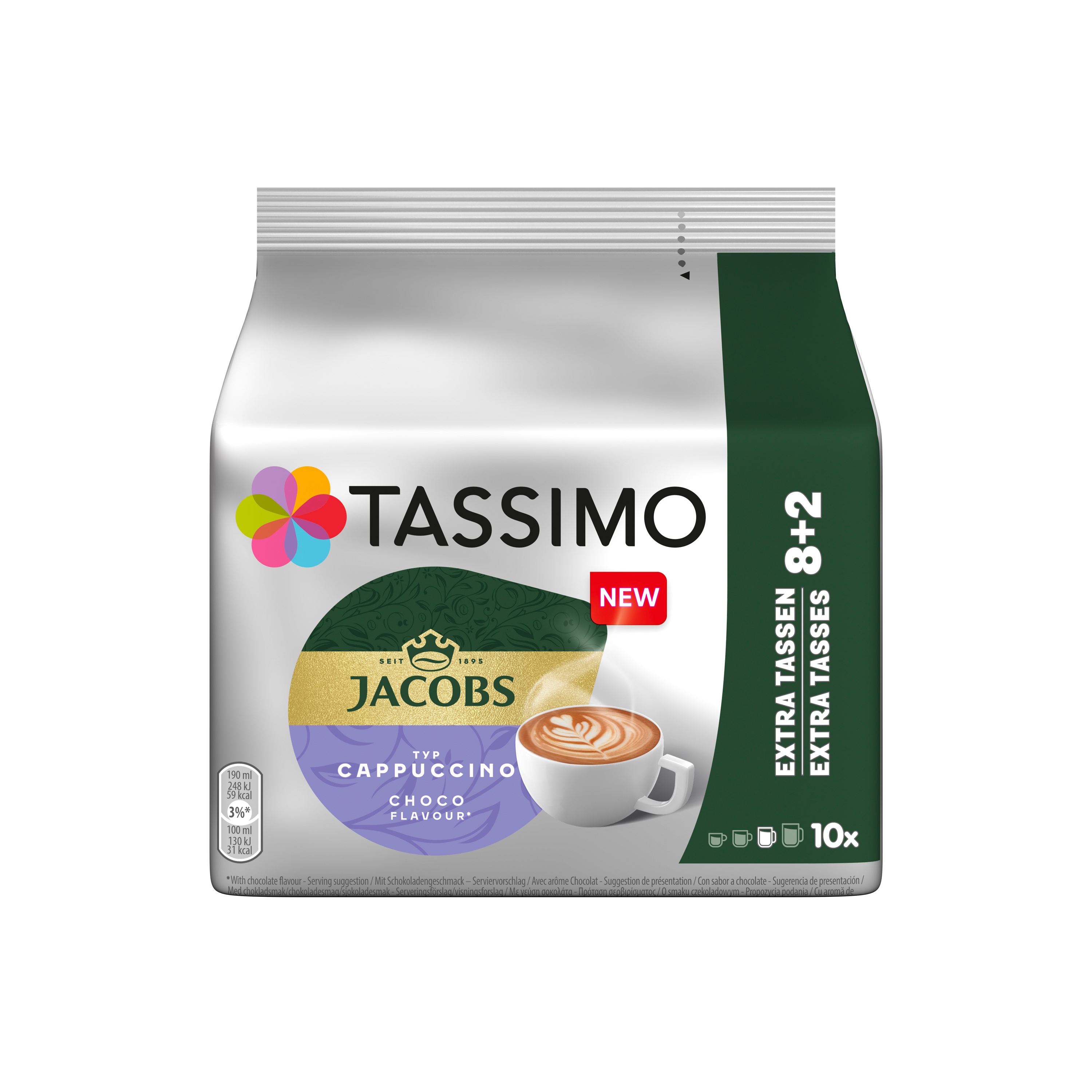 Packung Tassimo Jacobs Cappuccino mit Schoko-Geschmack, 10 Stück.