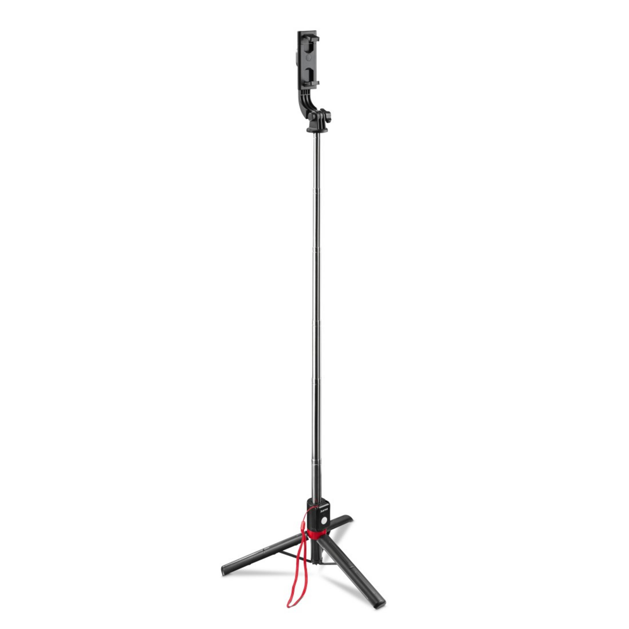 Un bastone selfie retrattile con base a treppiede e supporto per telefono.