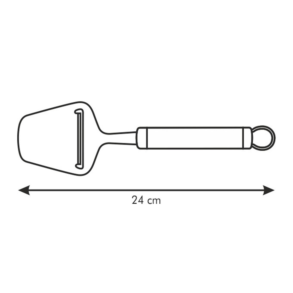 Ein Käsehobel mit einem Griff und einer Klingenaussparung, 24 cm lang.