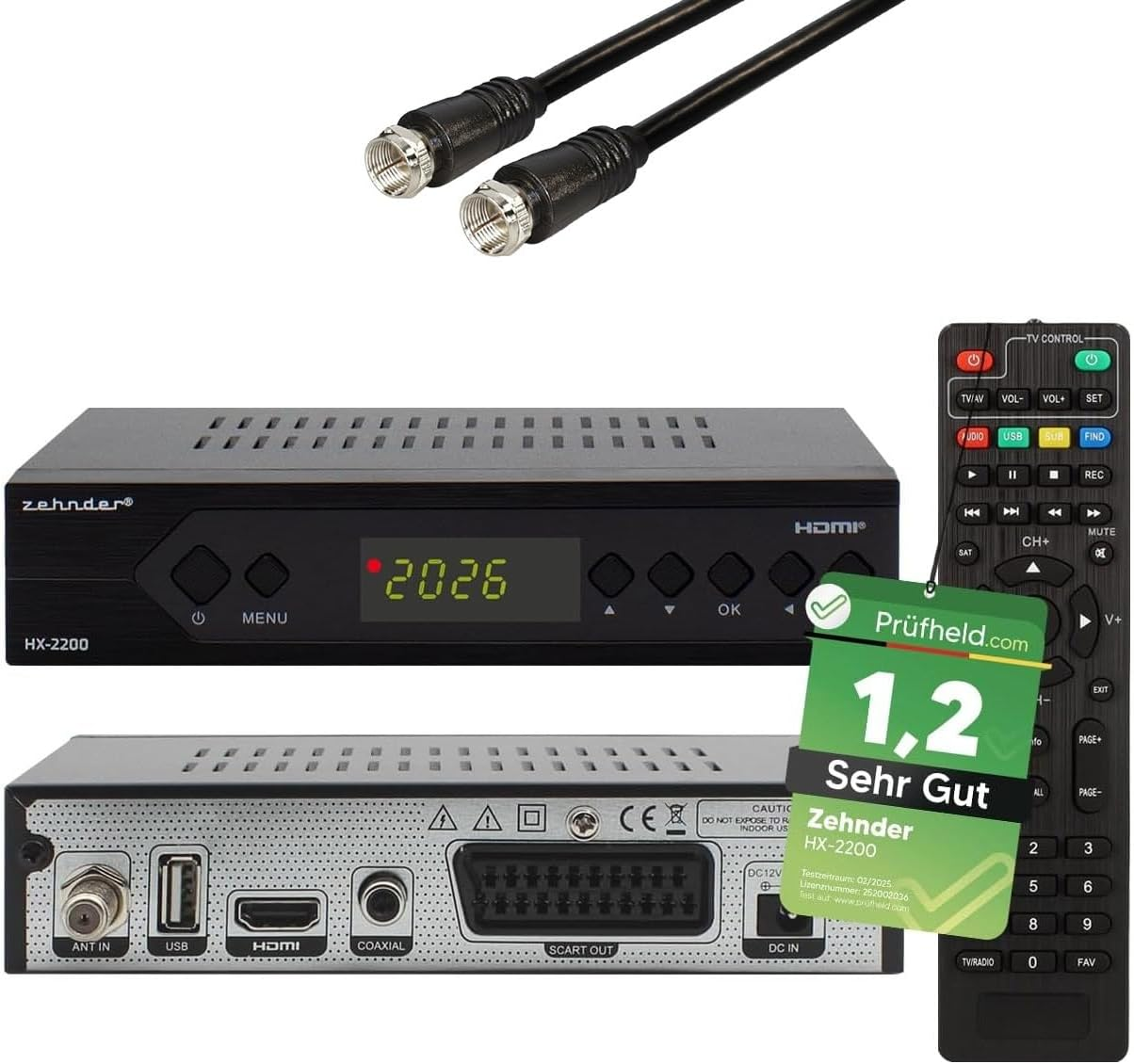 Zwei Kabel, ein schwarzer Receiver mit Fernbedienung und Testurkunde.