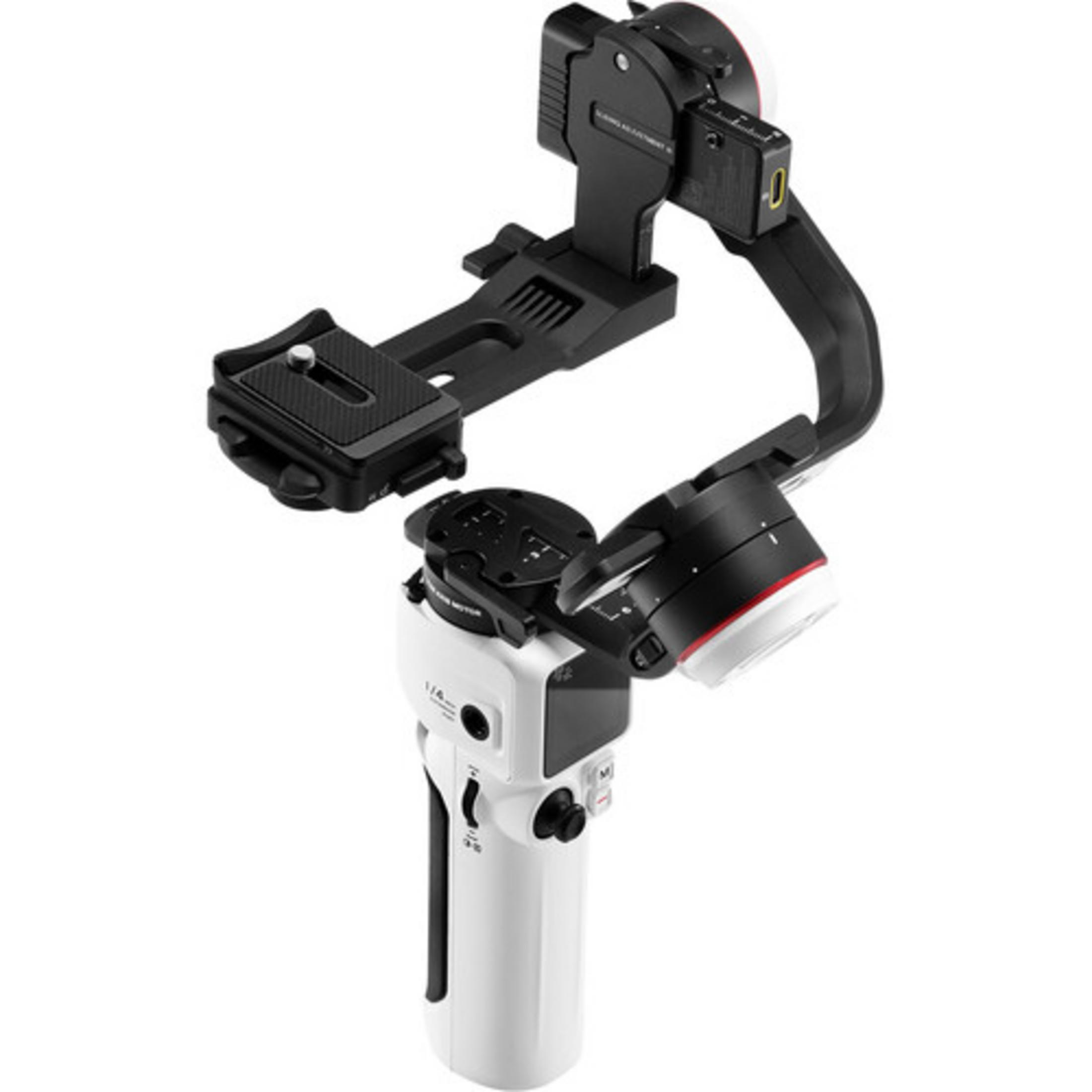 Ein weißer und schwarzer Kamera-Gimbal mit Kameraschwalbenschwanzplatte.
