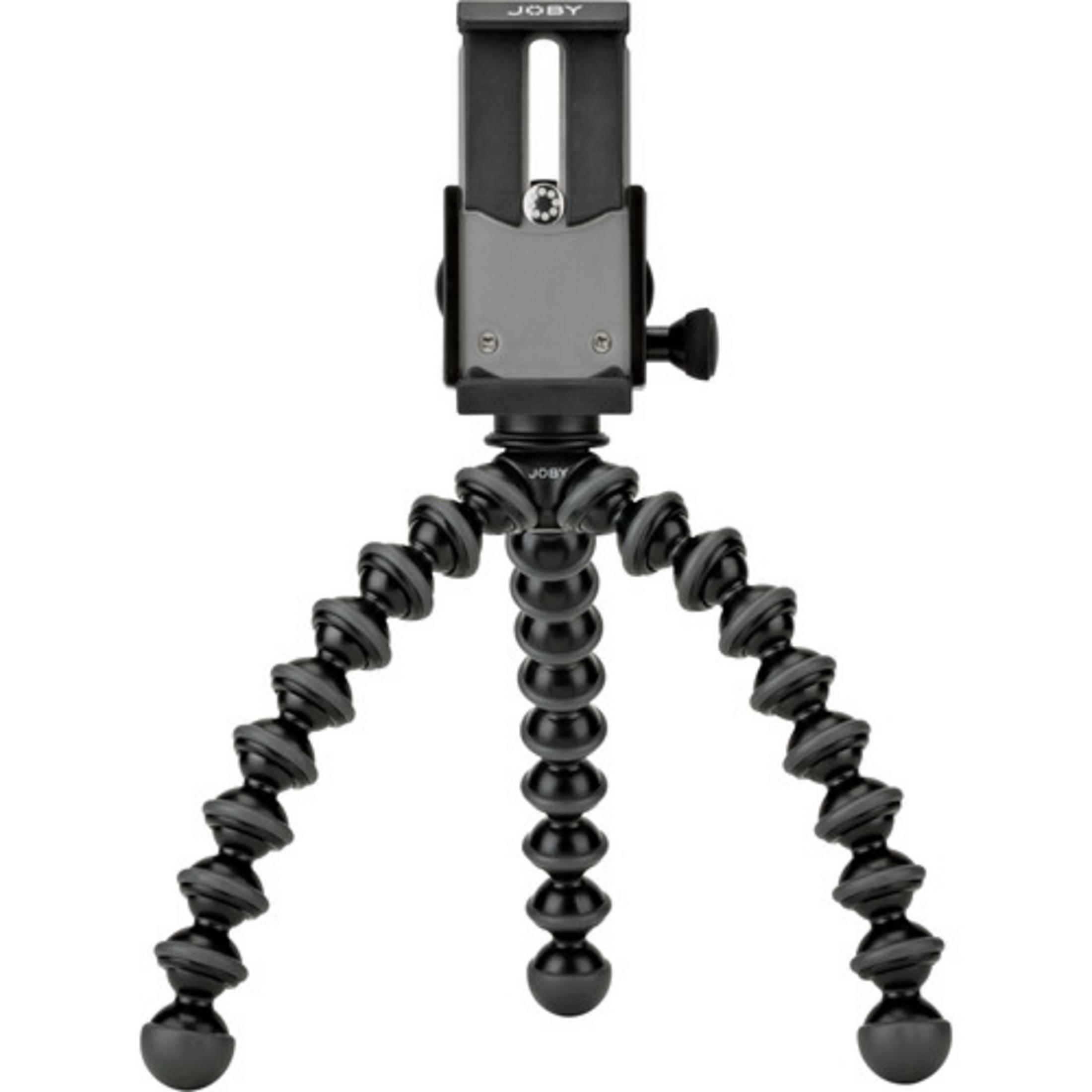 Ein schwarzes Joby-Stativ mit flexiblen Beinen und einer Handyhalterung.