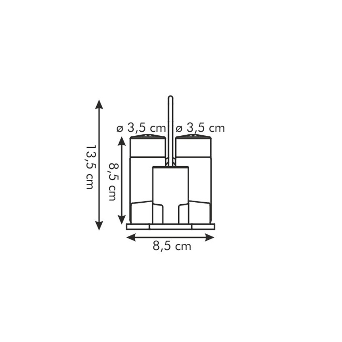 Technische Zeichnung eines doppelten Behälters mit Maßen: 13,5 cm Höhe, 8,5 cm Breite.