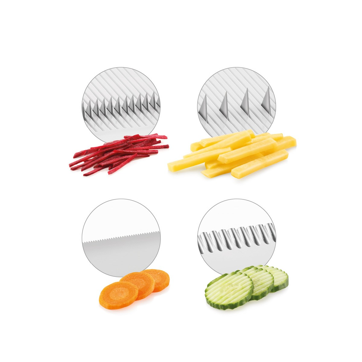 Vier Nahaufnahmen von Gemüseschnitten. Oben links: juliennierte Rote Bete. Oben rechts: Pommes frites. Unten links: Karottenscheiben. Unten rechts: Gurkenscheiben.