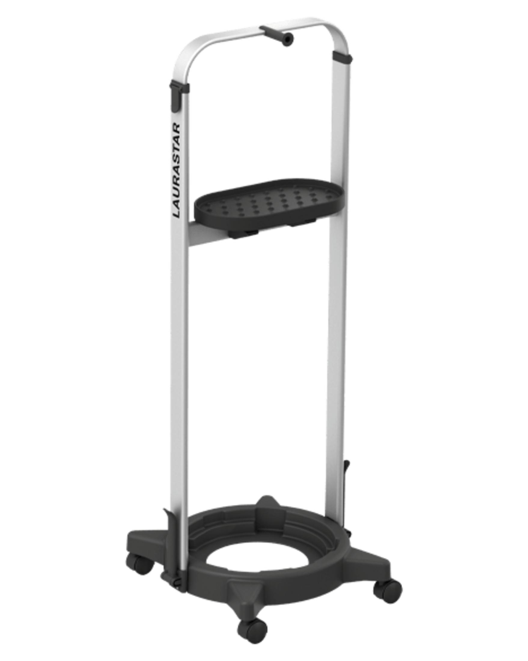 Ein LAURASTAR Bügeltischgestell auf Rädern mit schwarzer Ablage und Griff.
