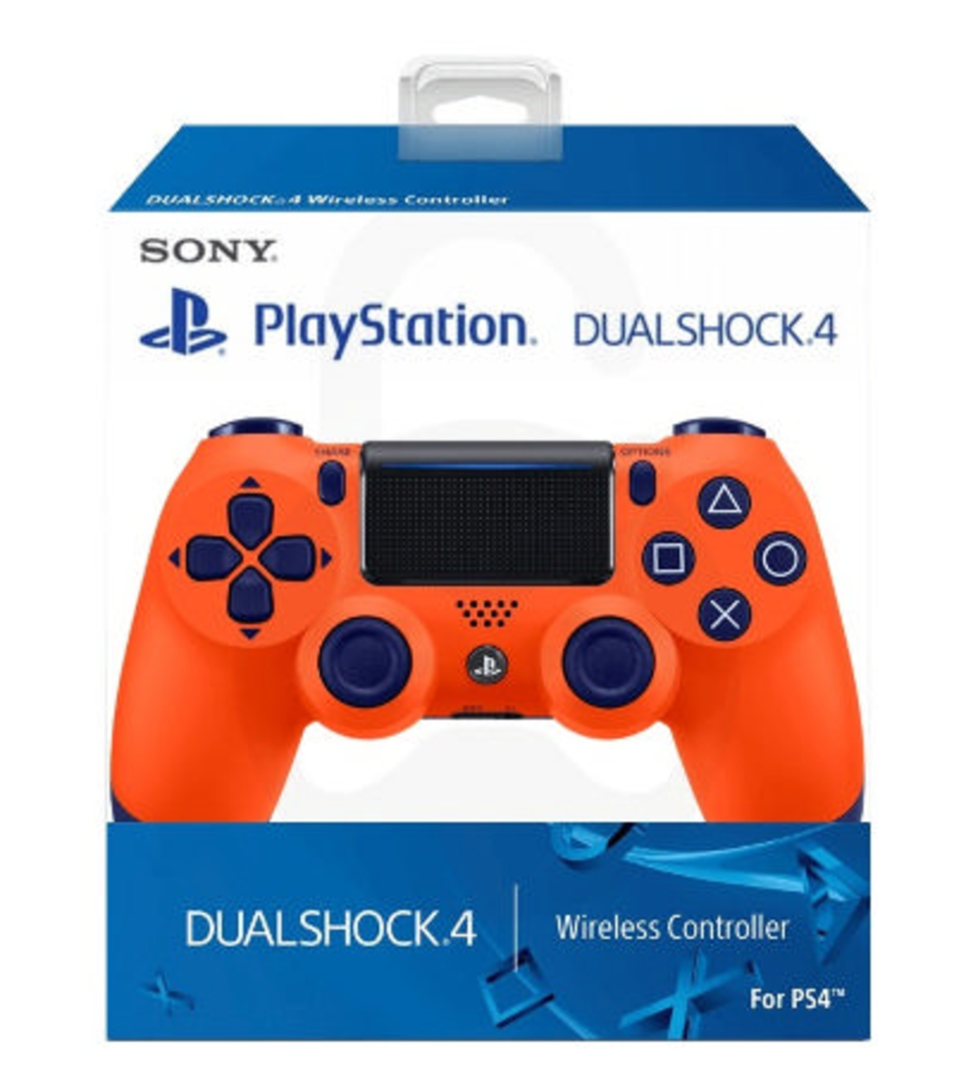 Een oranje PlayStation 4 controller met blauwe accenten, in de verpakking.