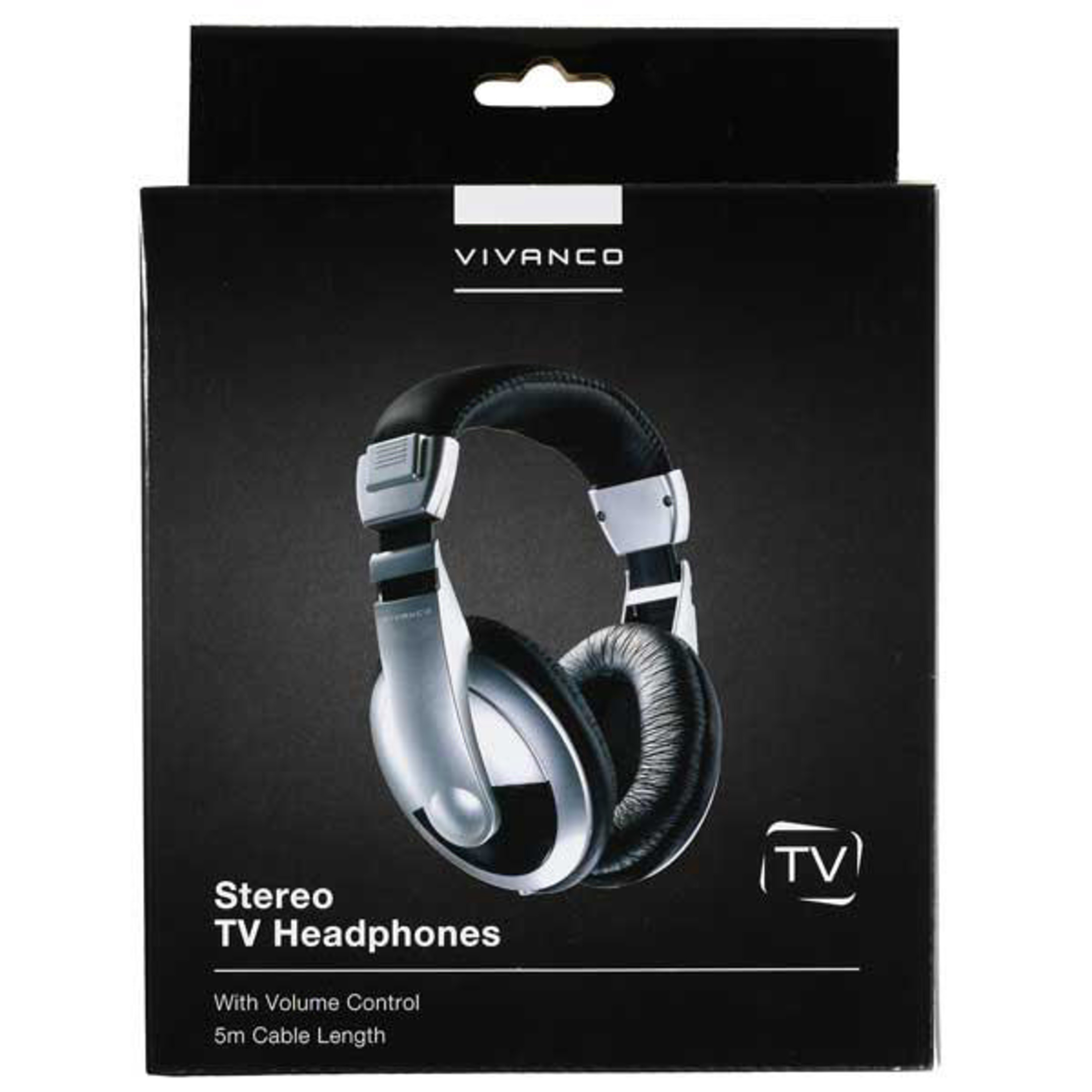 Vivanco Stereo TV Kopfhörer mit Lautstärkeregler und 5m Kabel auf schwarzer Verpackung.
