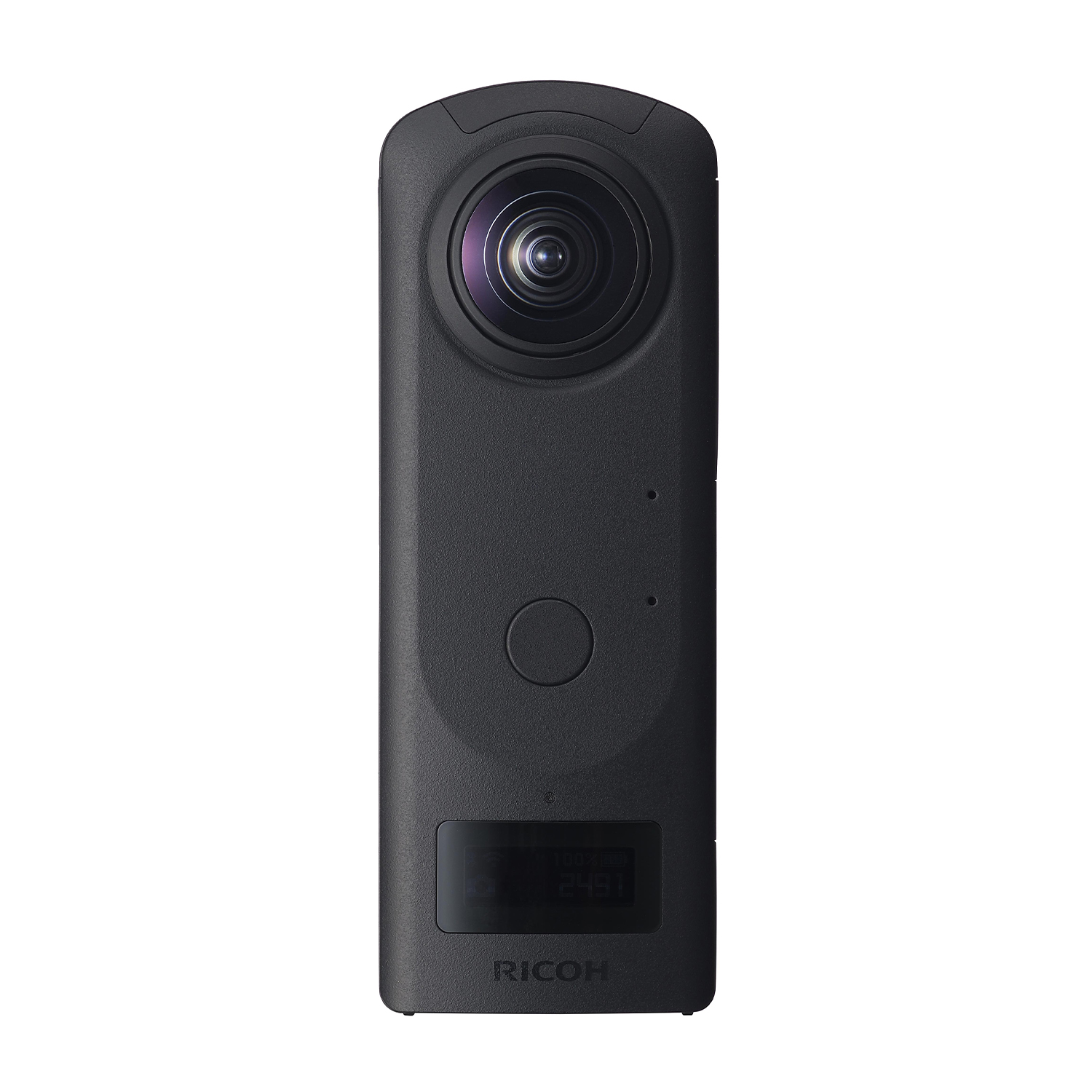 Ein schwarzer Ricoh 360-Grad-Kamera-Würfel mit einem Objektiv und einem kleinen Bildschirm.
