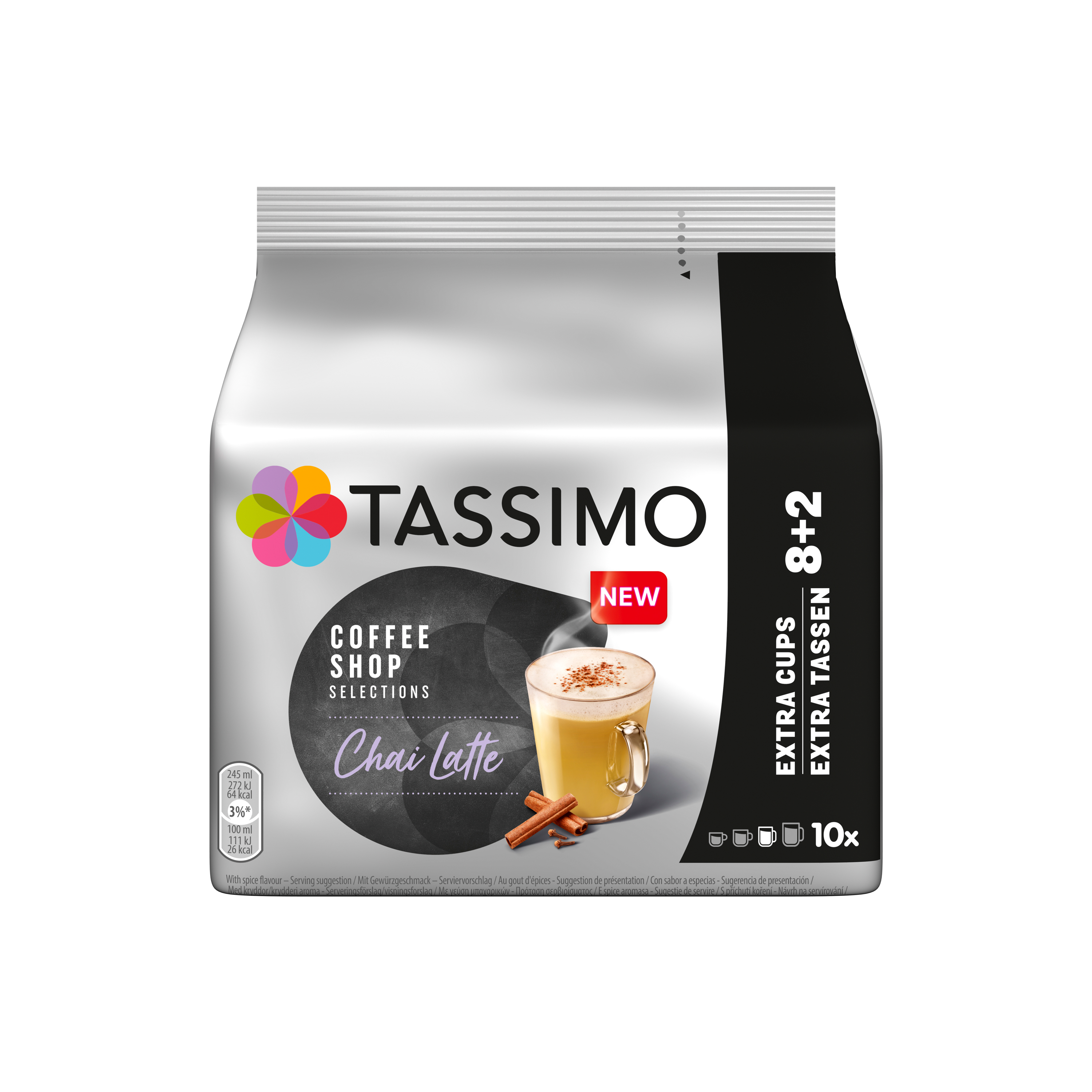 TASSIMO Chai Latte Kapselpackung mit einer Tasse Chai Latte und Zimtstangen.