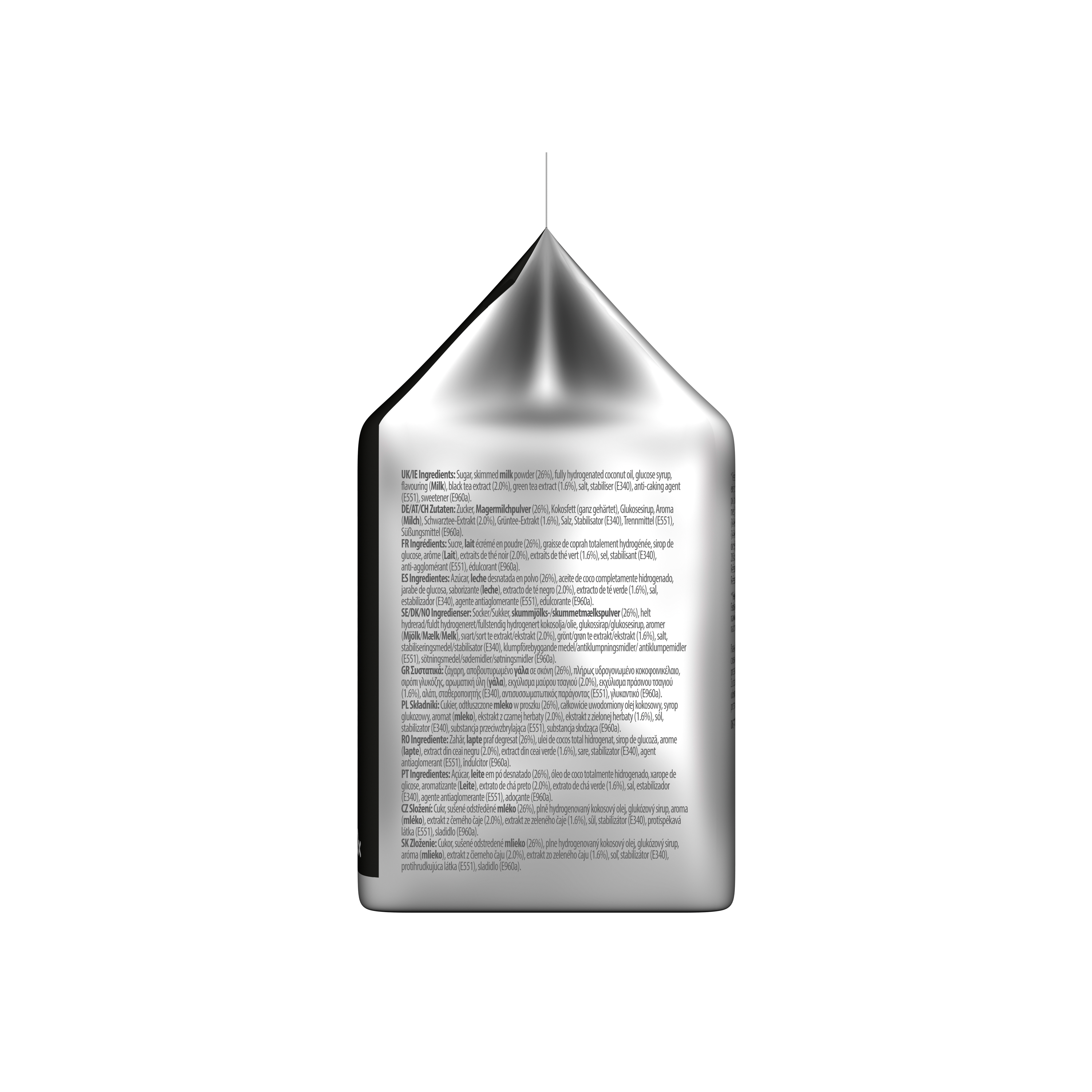 Ein silberner Kegel mit Zutatenliste auf weißem Hintergrund.