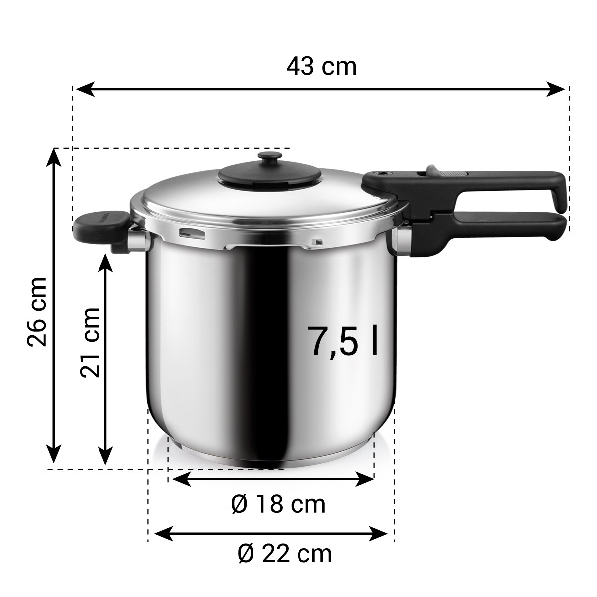 Edelstahl-Schnellkochtopf mit Maßen und 7,5 l Fassungsvermögen.