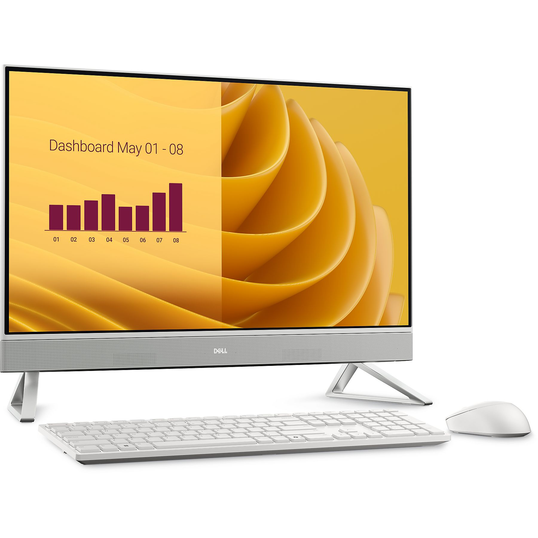 Un PC Dell bianco con tastiera e mouse su sfondo giallo.