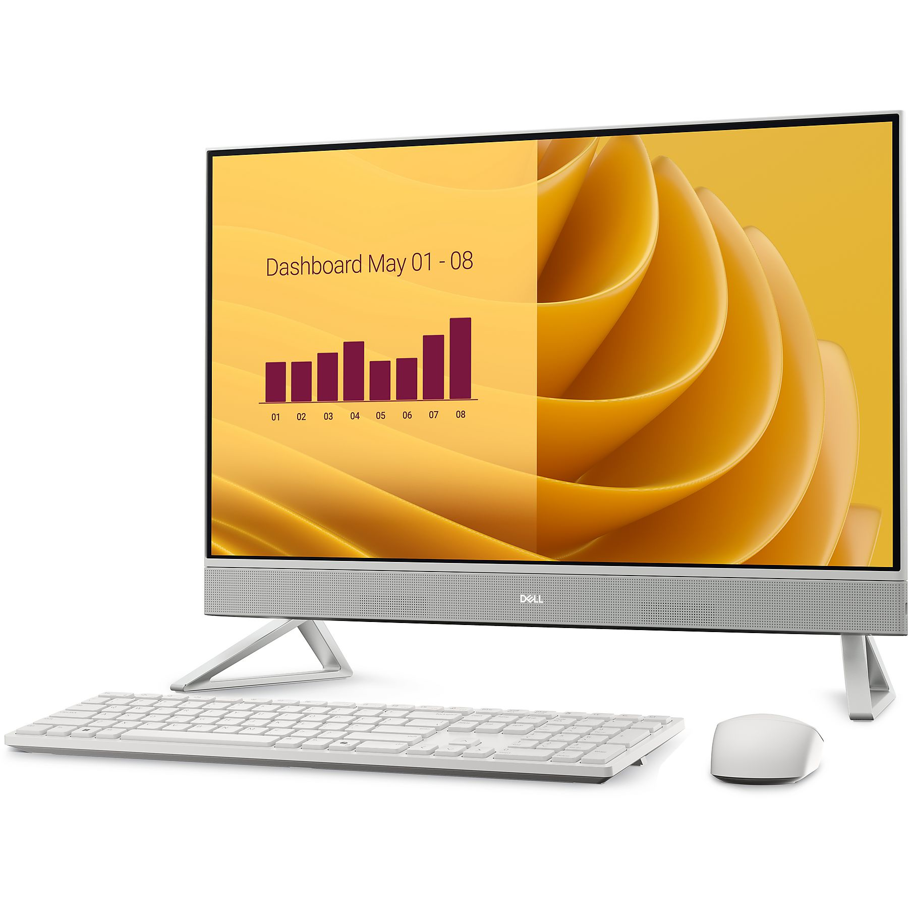 Un PC all-in-one Dell con tastiera e mouse che visualizza una dashboard.