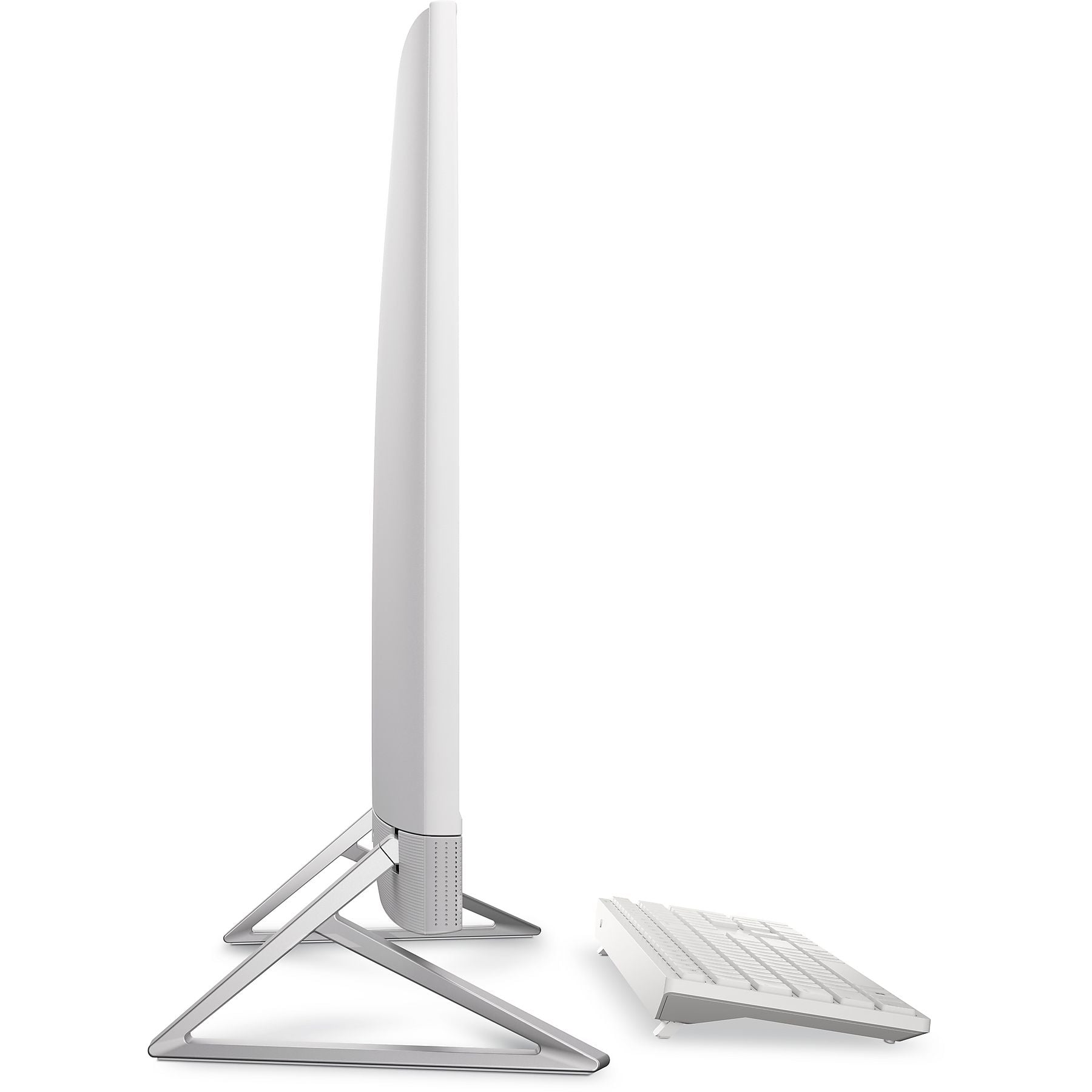 Un computer all-in-one bianco con supporto sottile e tastiera.
