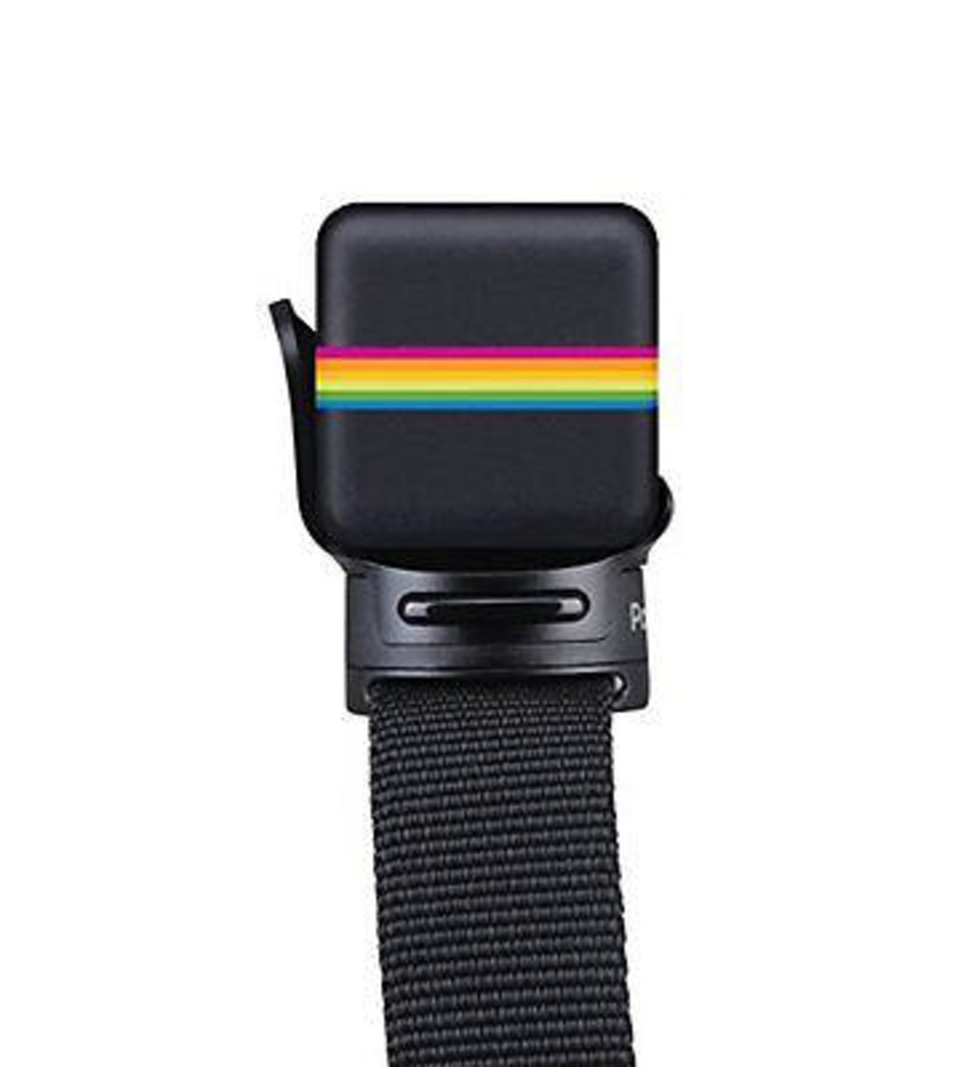 Czarne akcesorium do aparatu z tęczowymi paskami i czarnym paskiem.