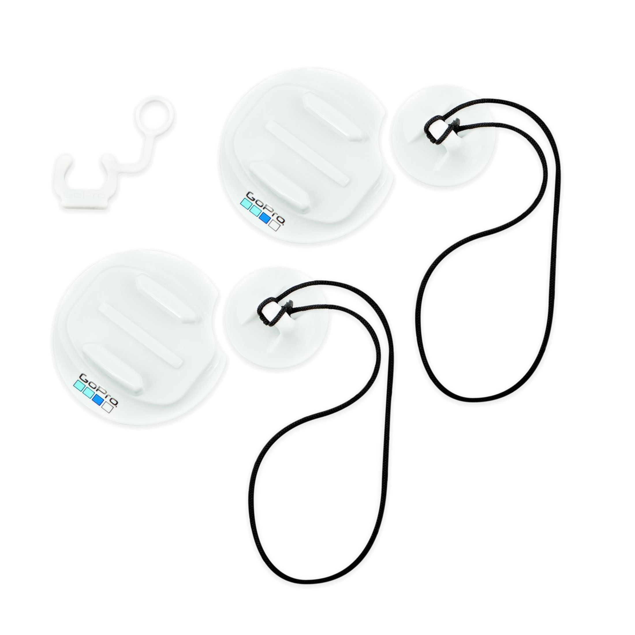 Supporti GoPro bianchi con lacci neri e una clip bianca