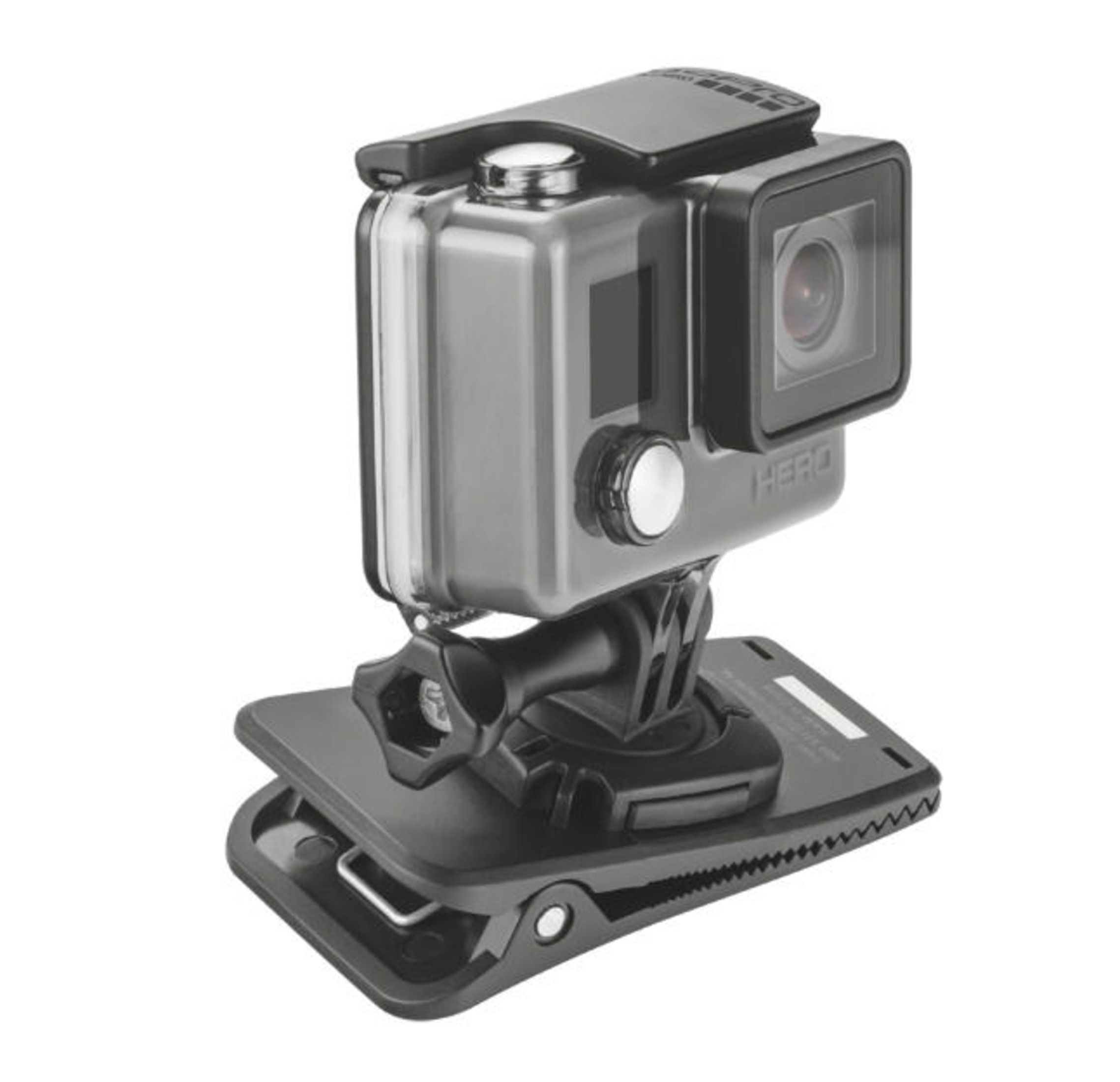 GoPro kamera su geçirmez kılıfta, siyah klipsli tutucu üzerinde.