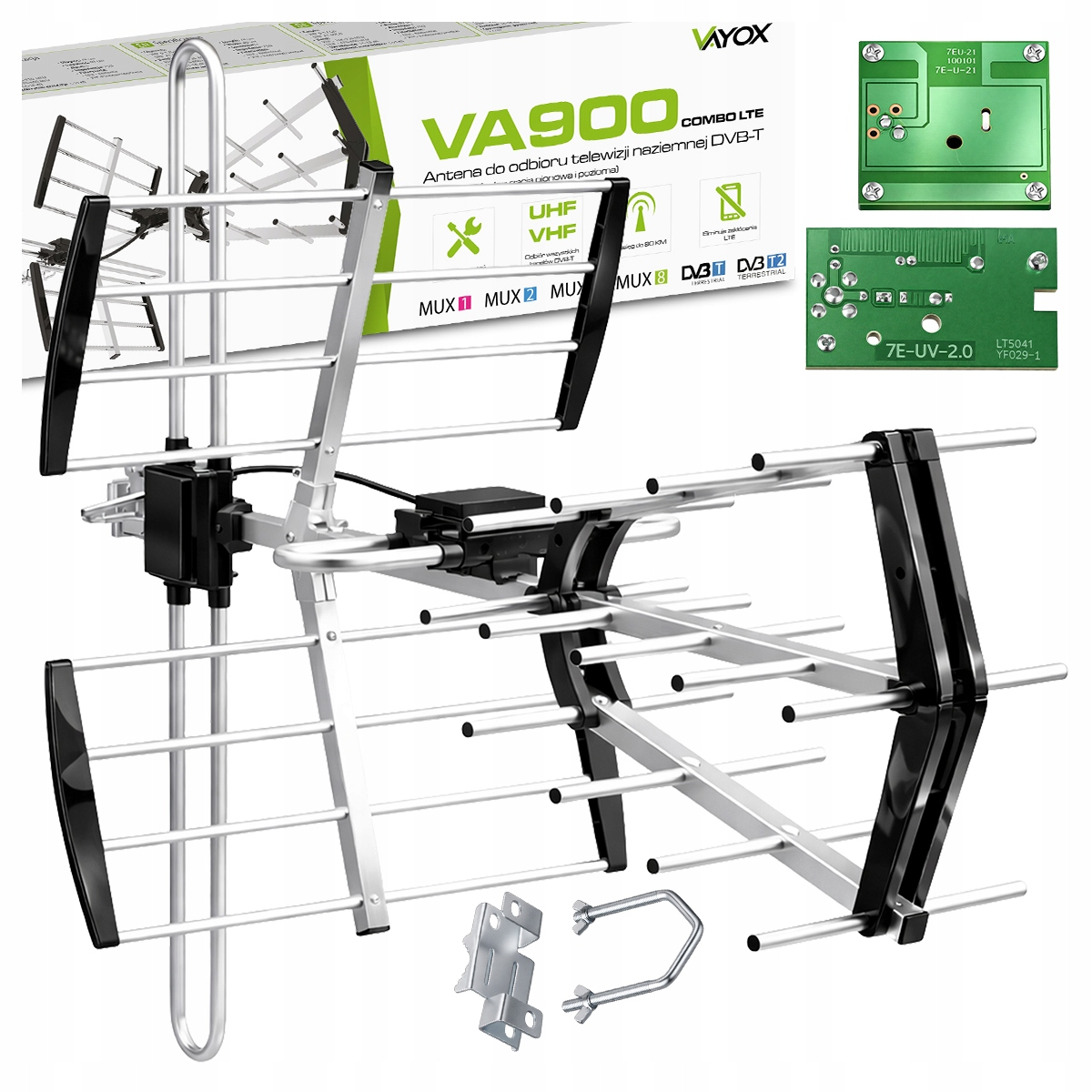 Srebrna antena DVB-T z czarnymi elementami i osprzętem montażowym.