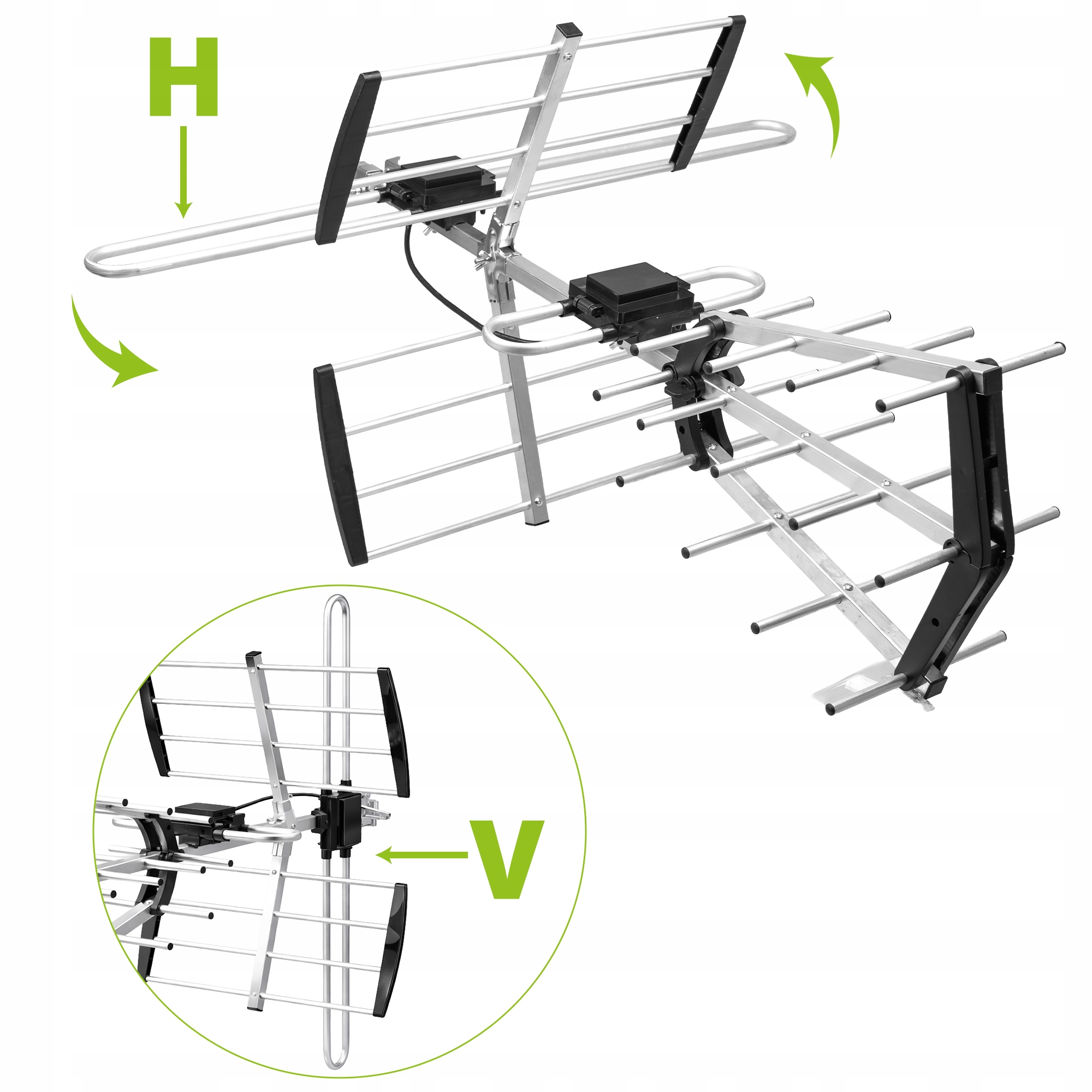 Srebrna antena yagi-yagi TV z czarnymi zaślepkami.