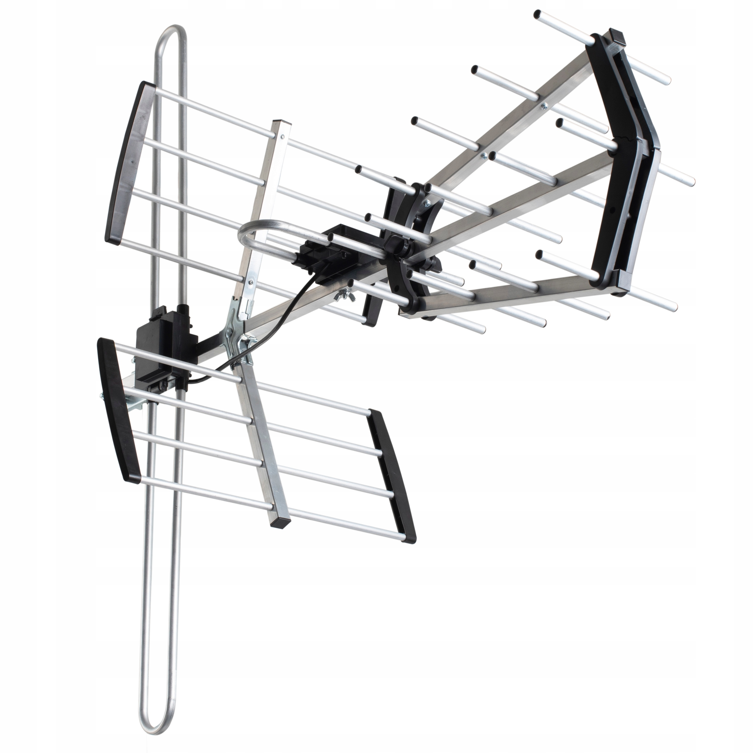 Srebrna antena z czarnymi elementami, na białym tle.