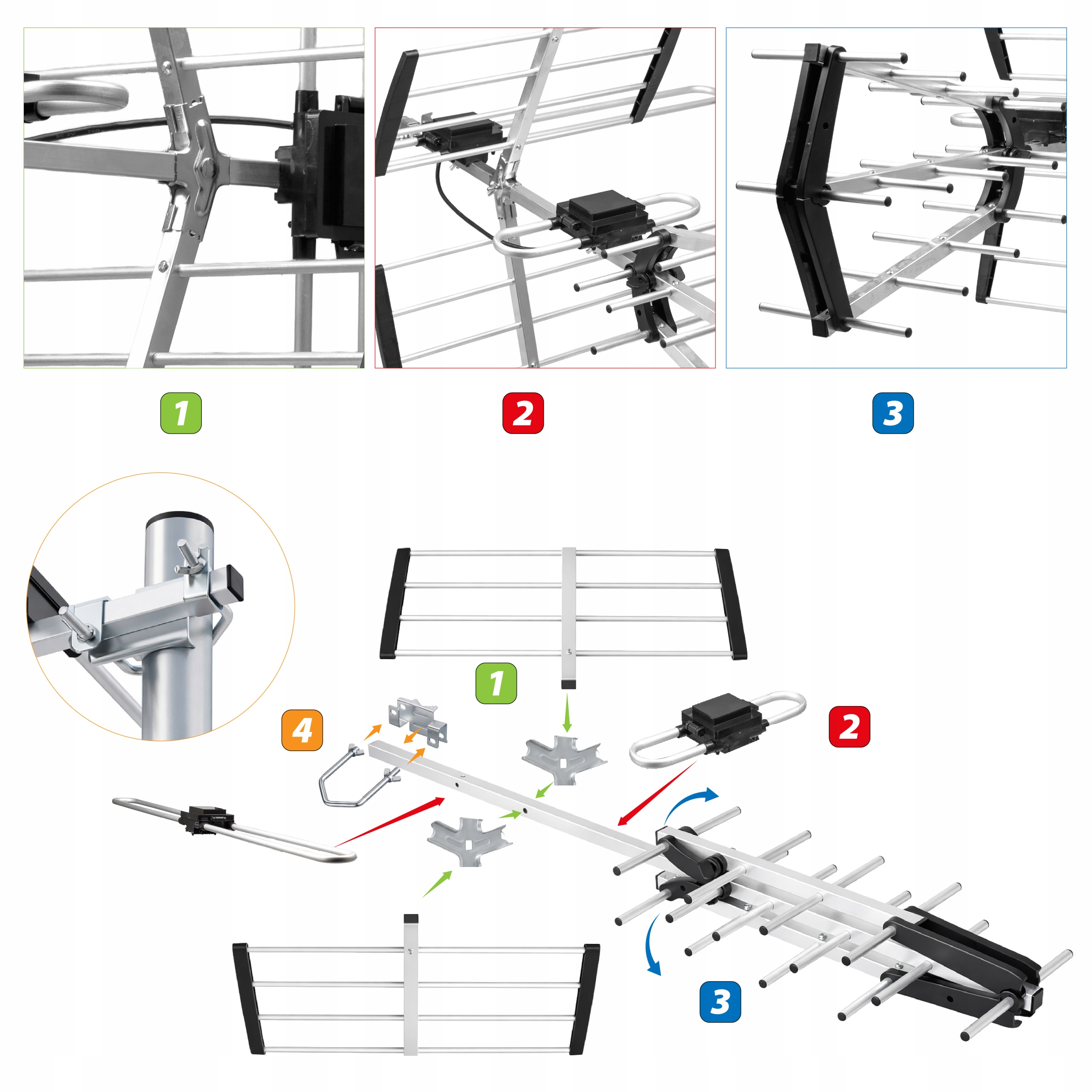 Zbliżenie srebrnej anteny z czarnymi elementami i osprzętem montażowym.