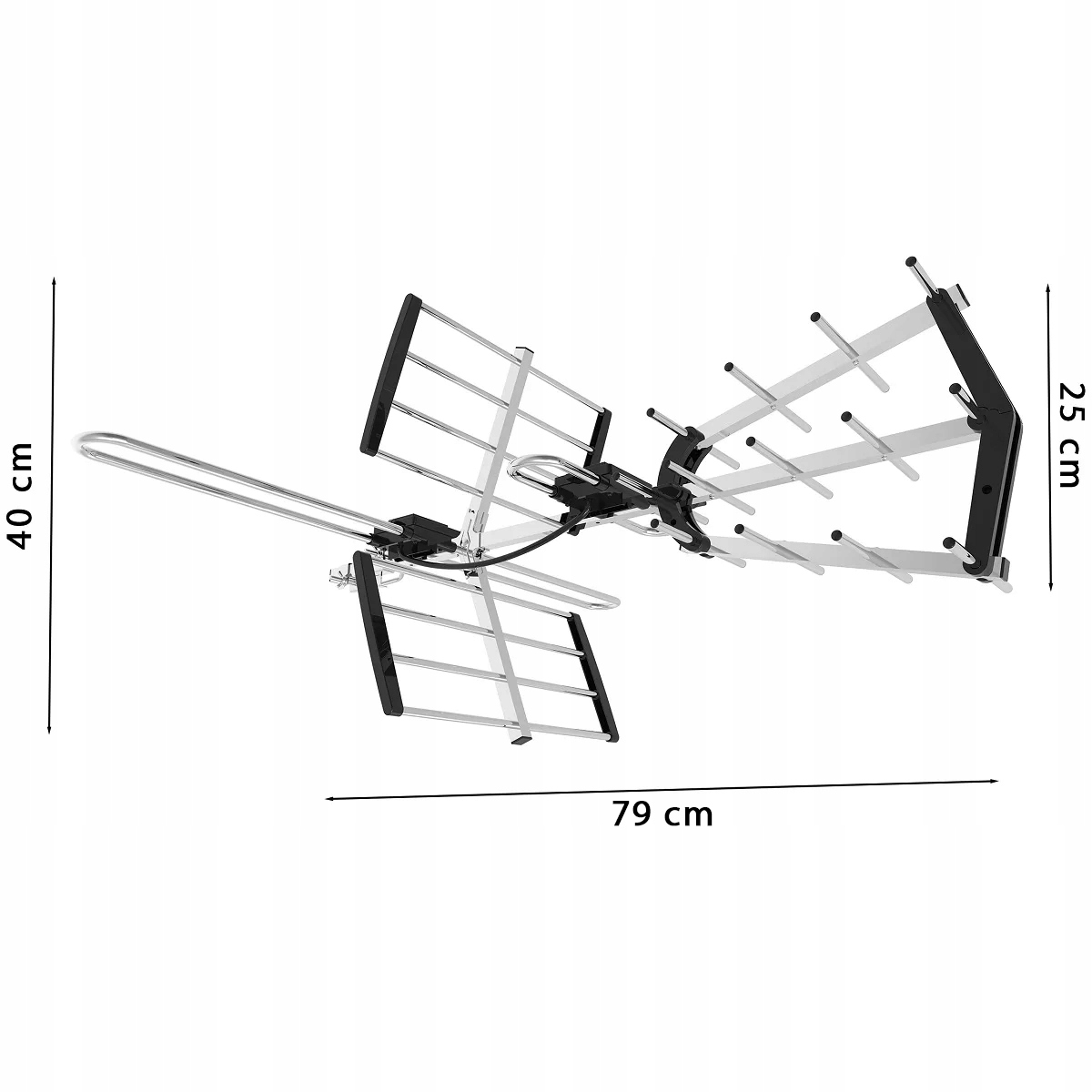 Srebrna antena z czarnymi elementami, szer. 79cm, wys. 40cm, gł. 25cm.