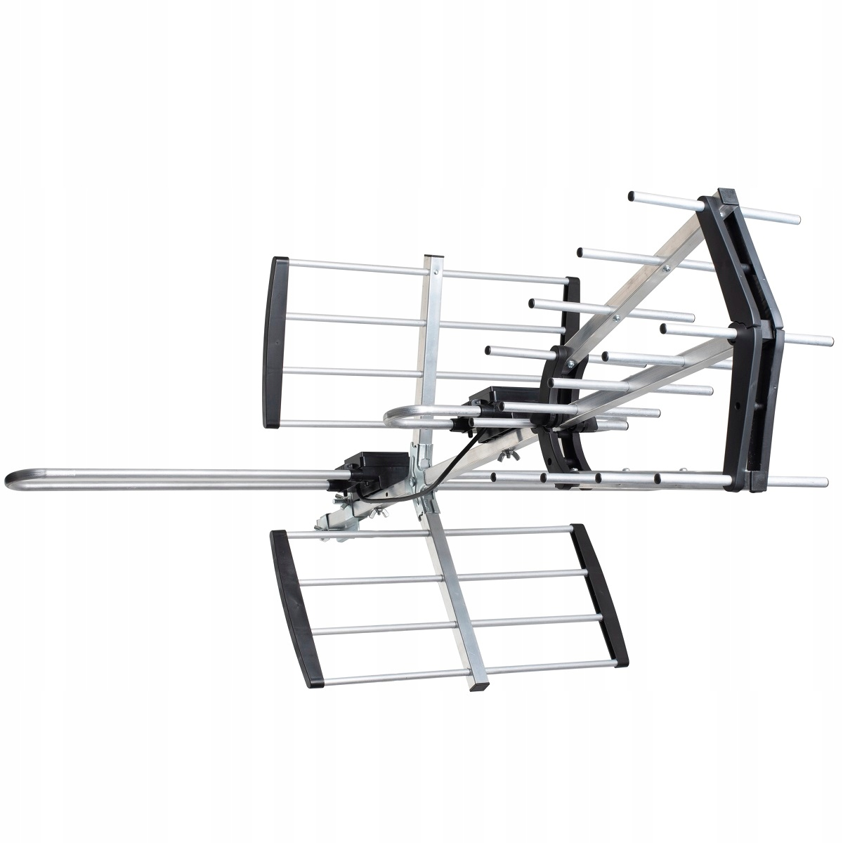 Srebrna antena z czarnymi elementami na białym tle.