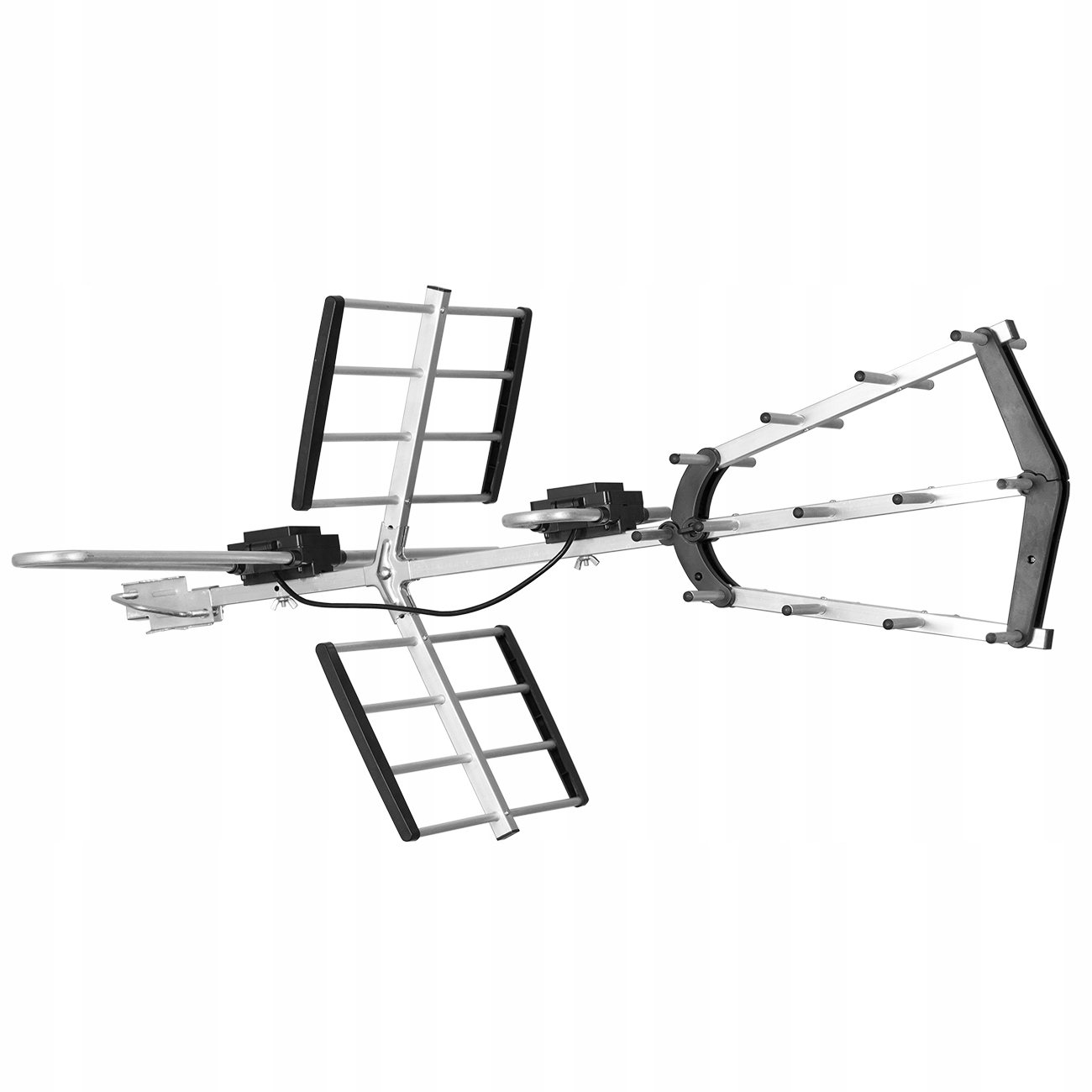 Srebrna antena z czarnymi elementami na białym tle.