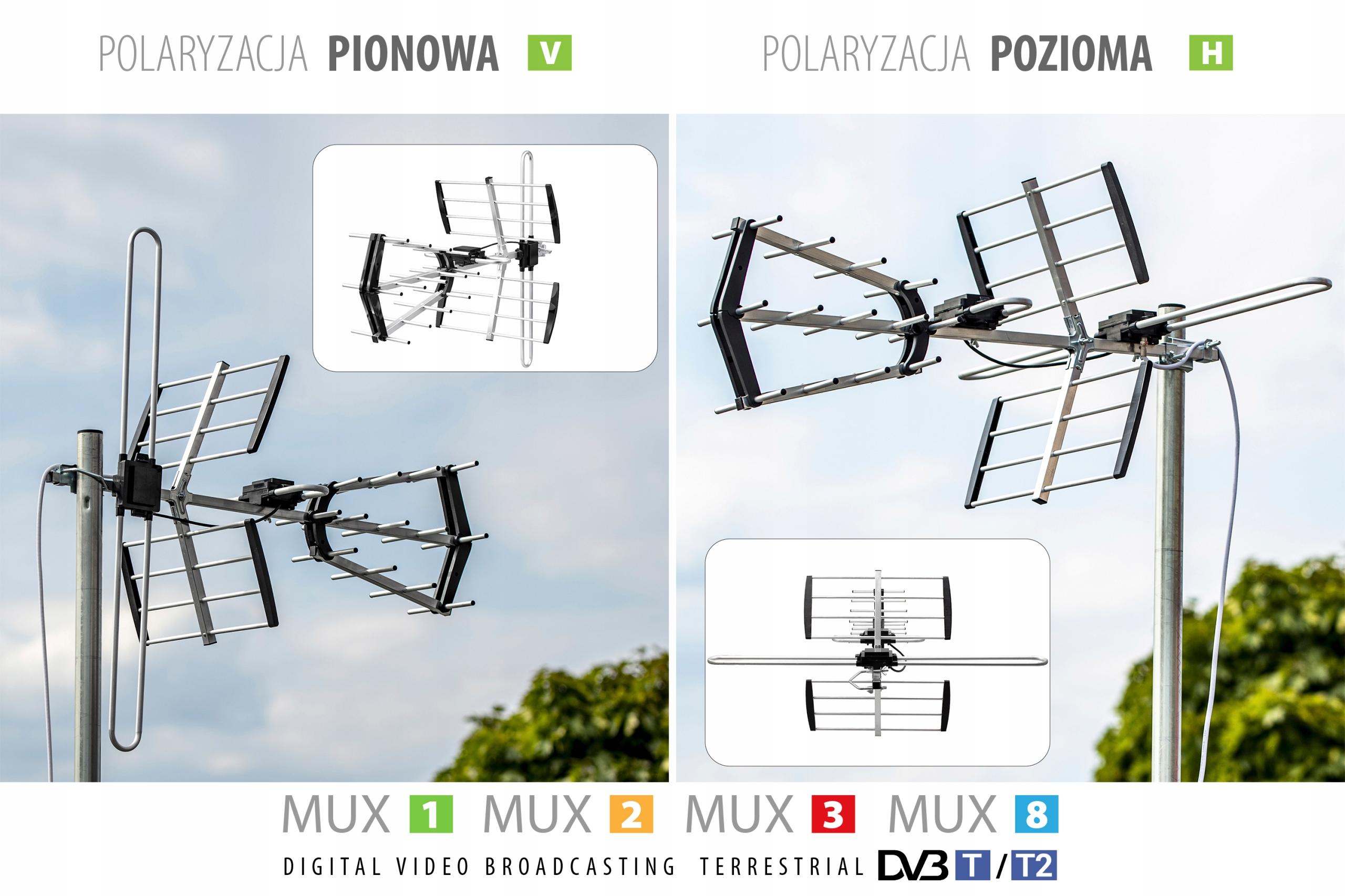 Dwie anteny do cyfrowej telewizji naziemnej, jedna pionowa, druga pozioma, na zewnątrz.