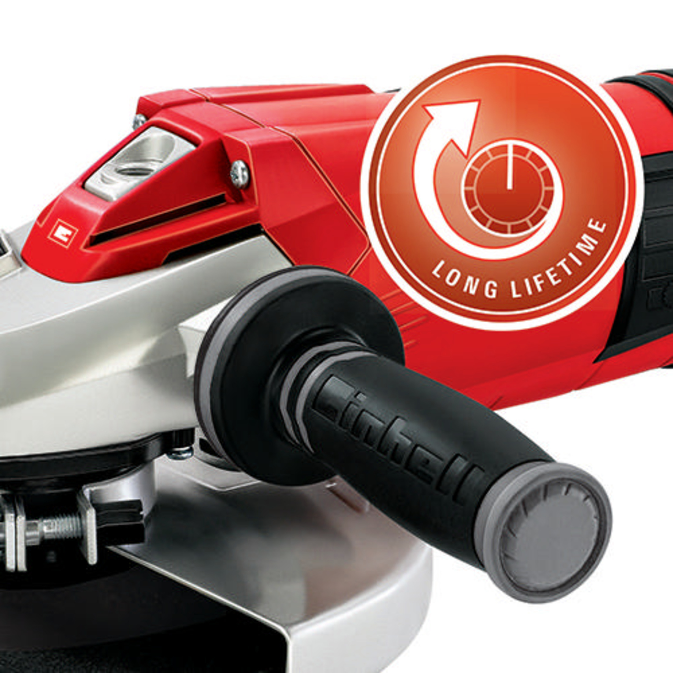 Zbliżenie czerwonej szlifierki kątowej z srebrną obudową i czarnym uchwytem. Ikona oznacza długą żywotność.