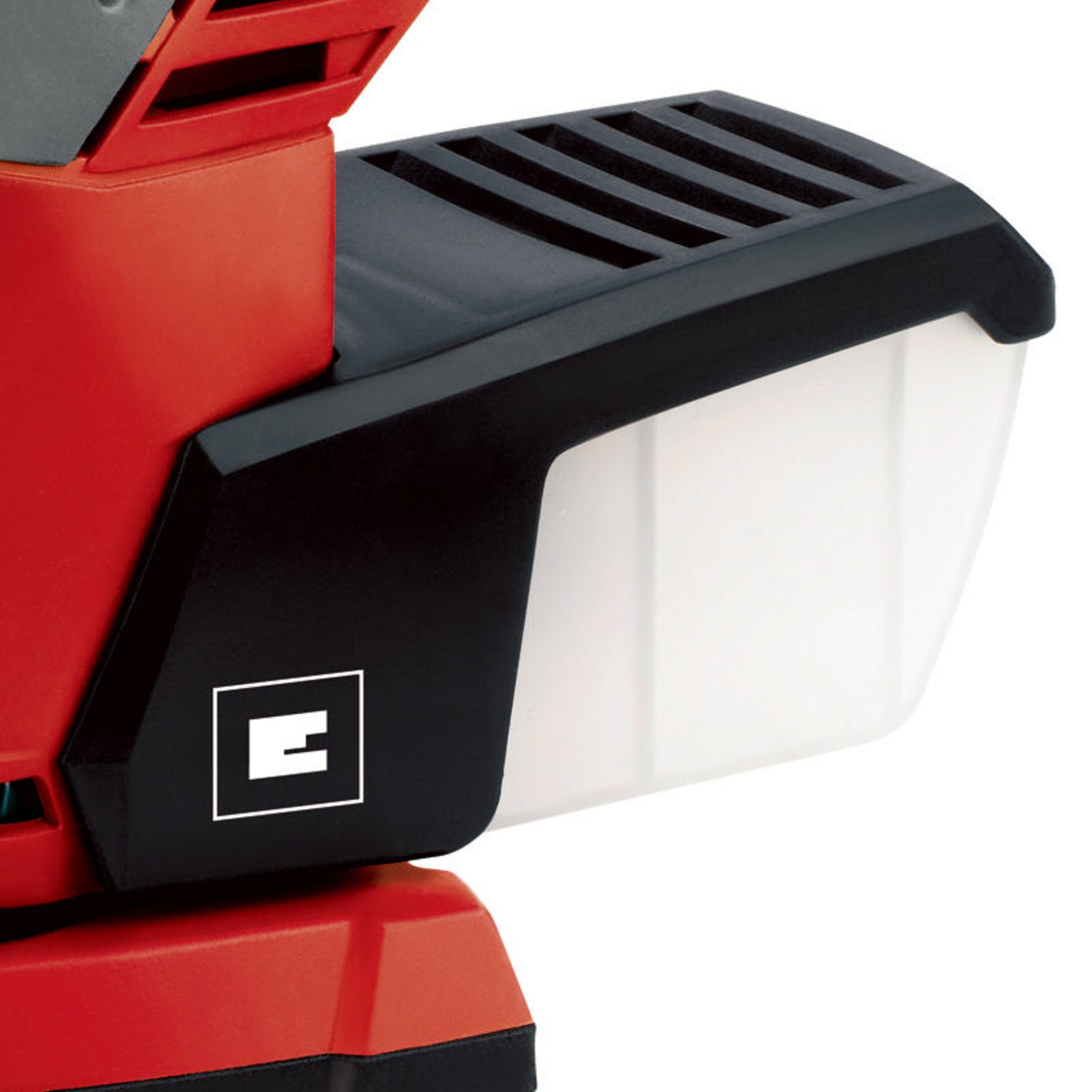 Roter und schwarzer Elektrowerkzeugteil mit weißem Behälter und Logo.