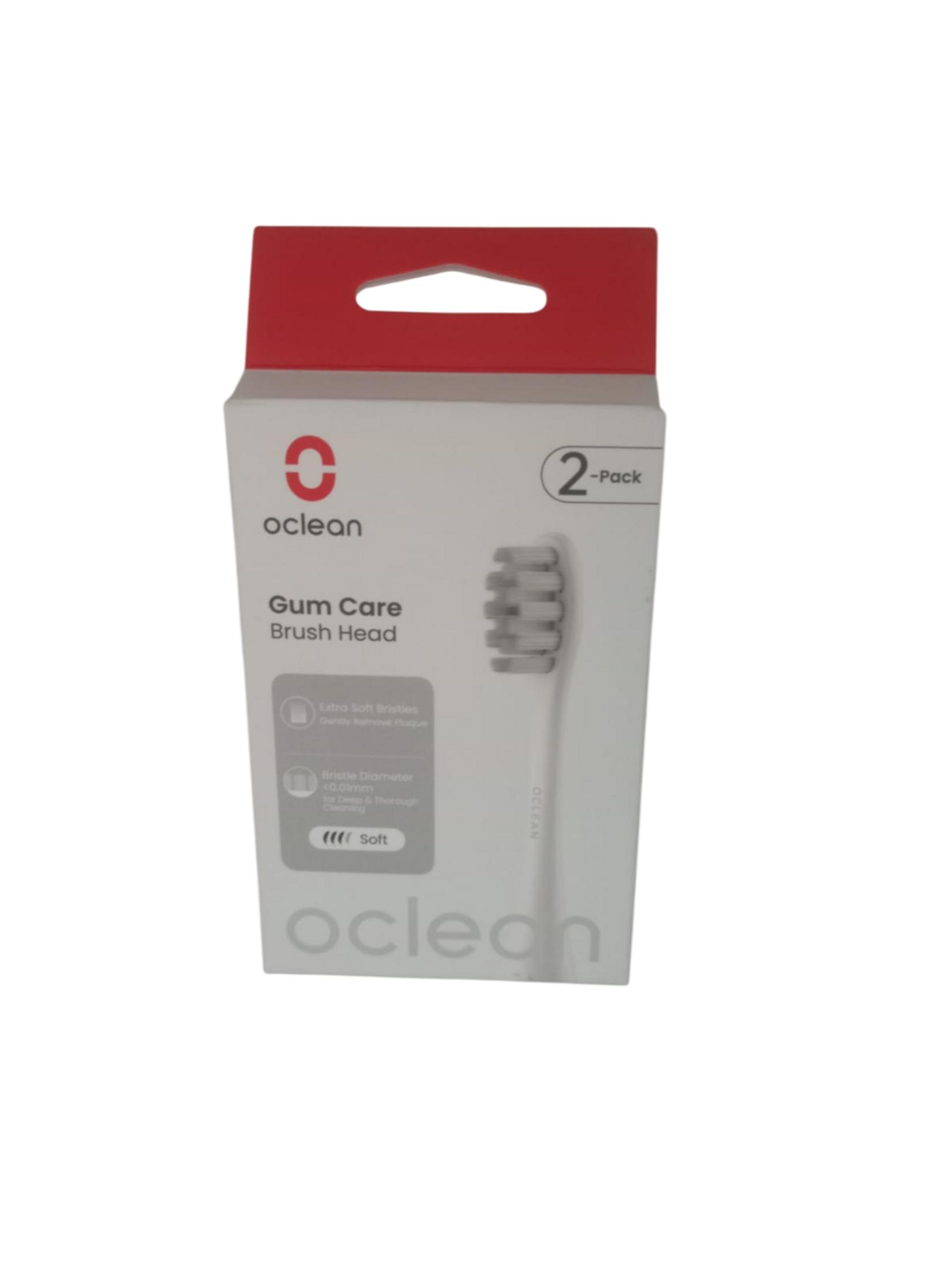 Verpackung für Oclean Gum Care Bürstenkopf, 2er Pack, weiß/rot.