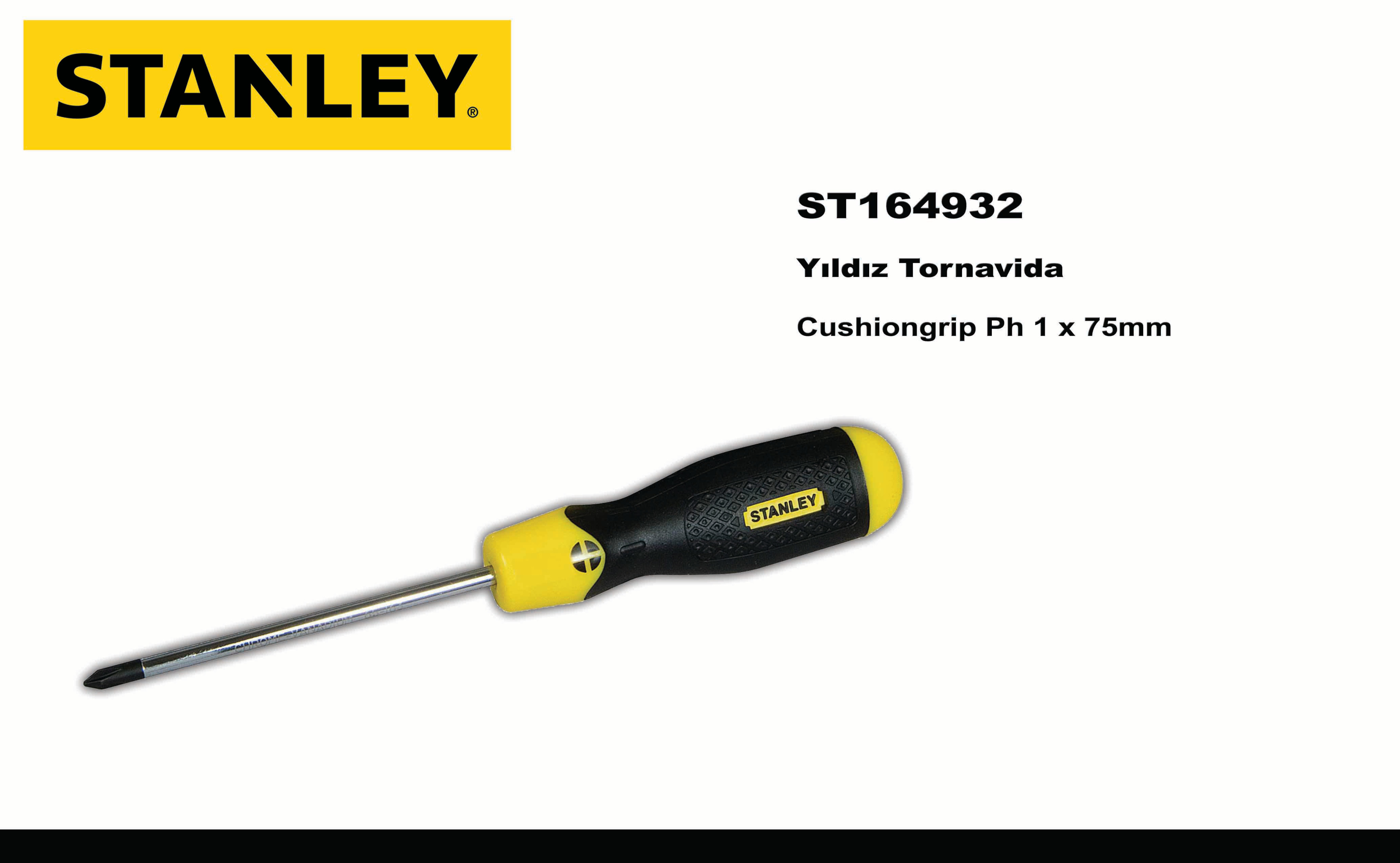 Beyaz arka plan üzerinde sarı ve siyah saplı bir Stanley Cushiongrip Ph 1 x 75mm tornavida.