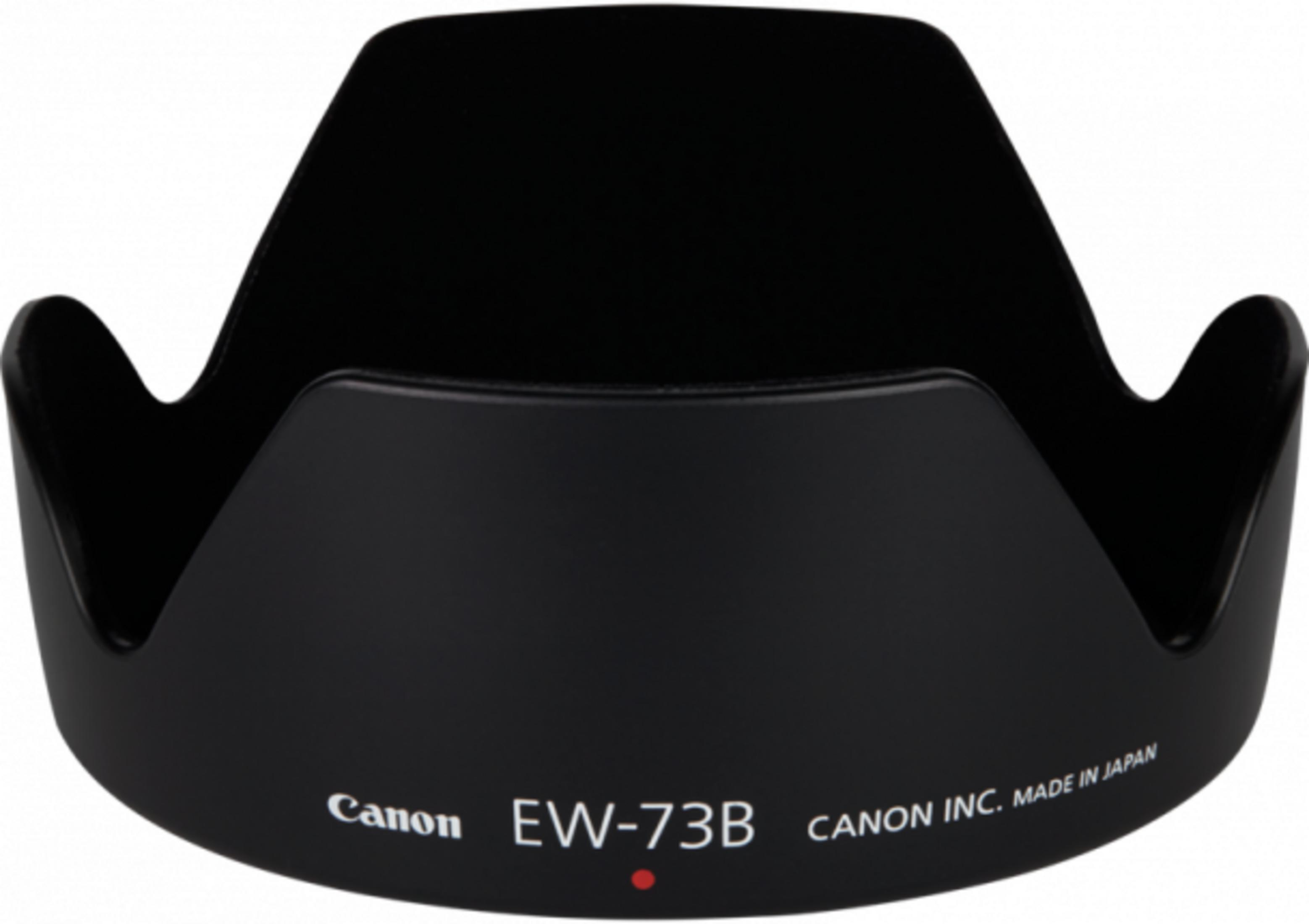Czarny obiektyw Canon EW-73B, plastikowy, Made in Japan.