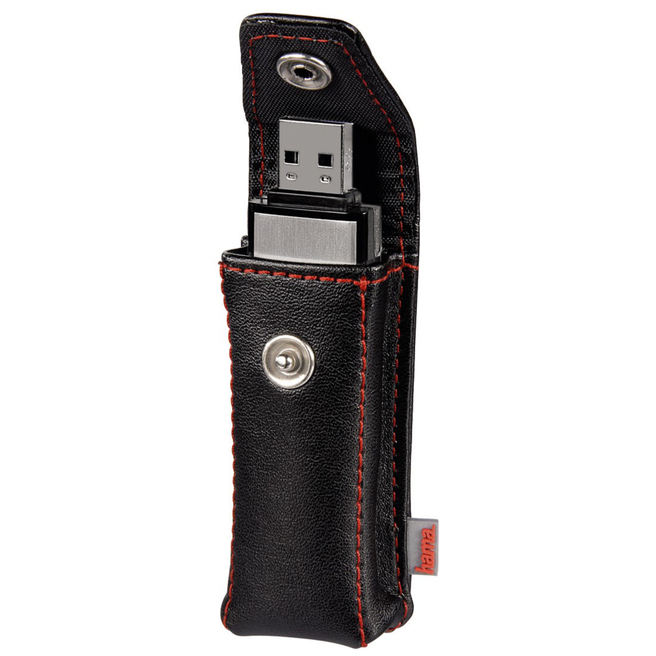 Schwarze Kunstlederhülle mit roter Naht und USB-Stick.